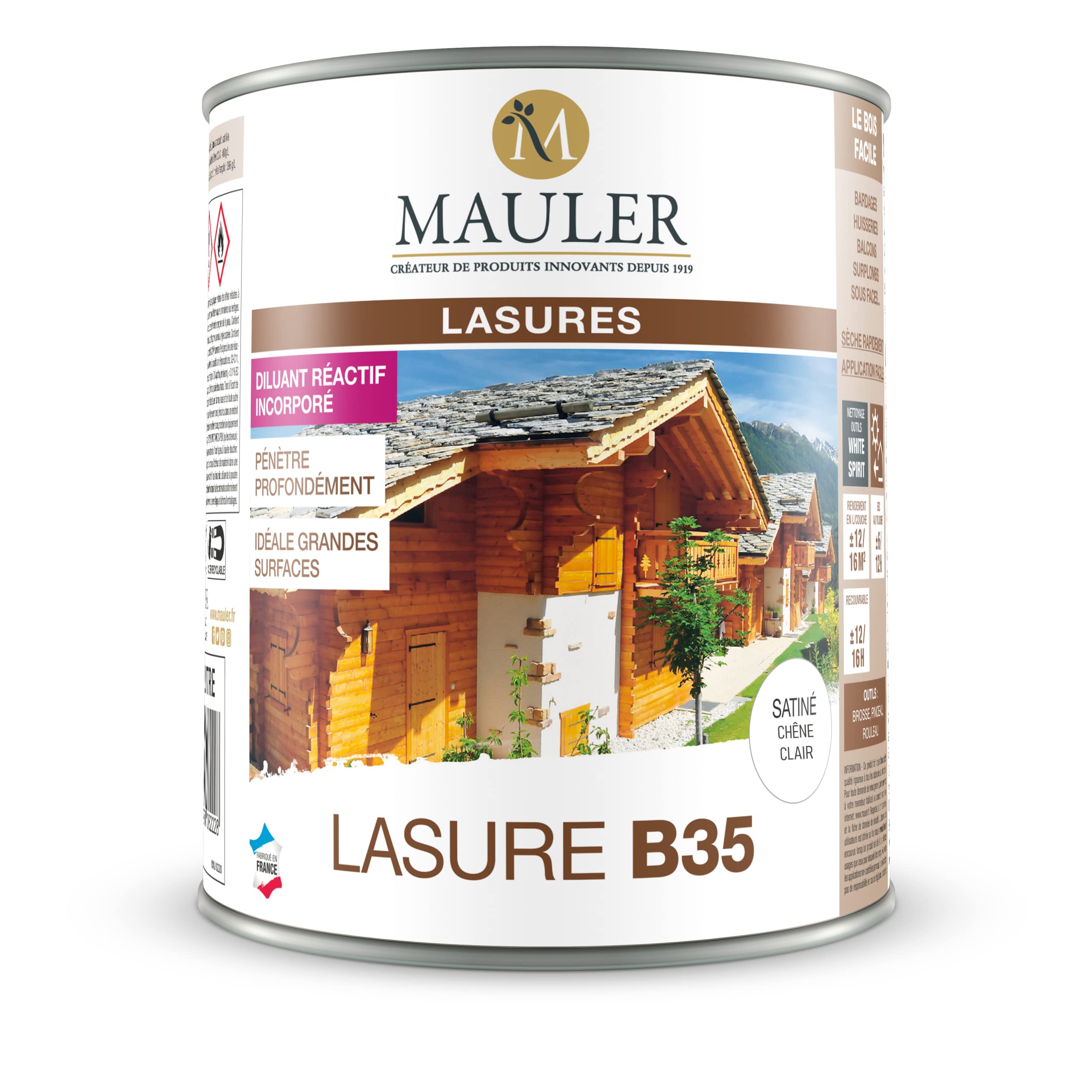 Lasure professionnelle pour bois extérieur 1L Satiné Chêne Clair Protection UV Mauler B35