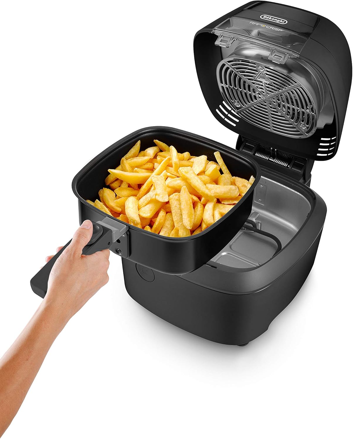 De'Longhi Rapid Crisp Air Fryer, 4-Quart, 1700-Watt Cooker, Fries, Crisps, Roasts, Bakes, Pizza, 4 Preset Temperatures, up to 20% Faster Cooking, Easy Clean Nonstick, FH2133