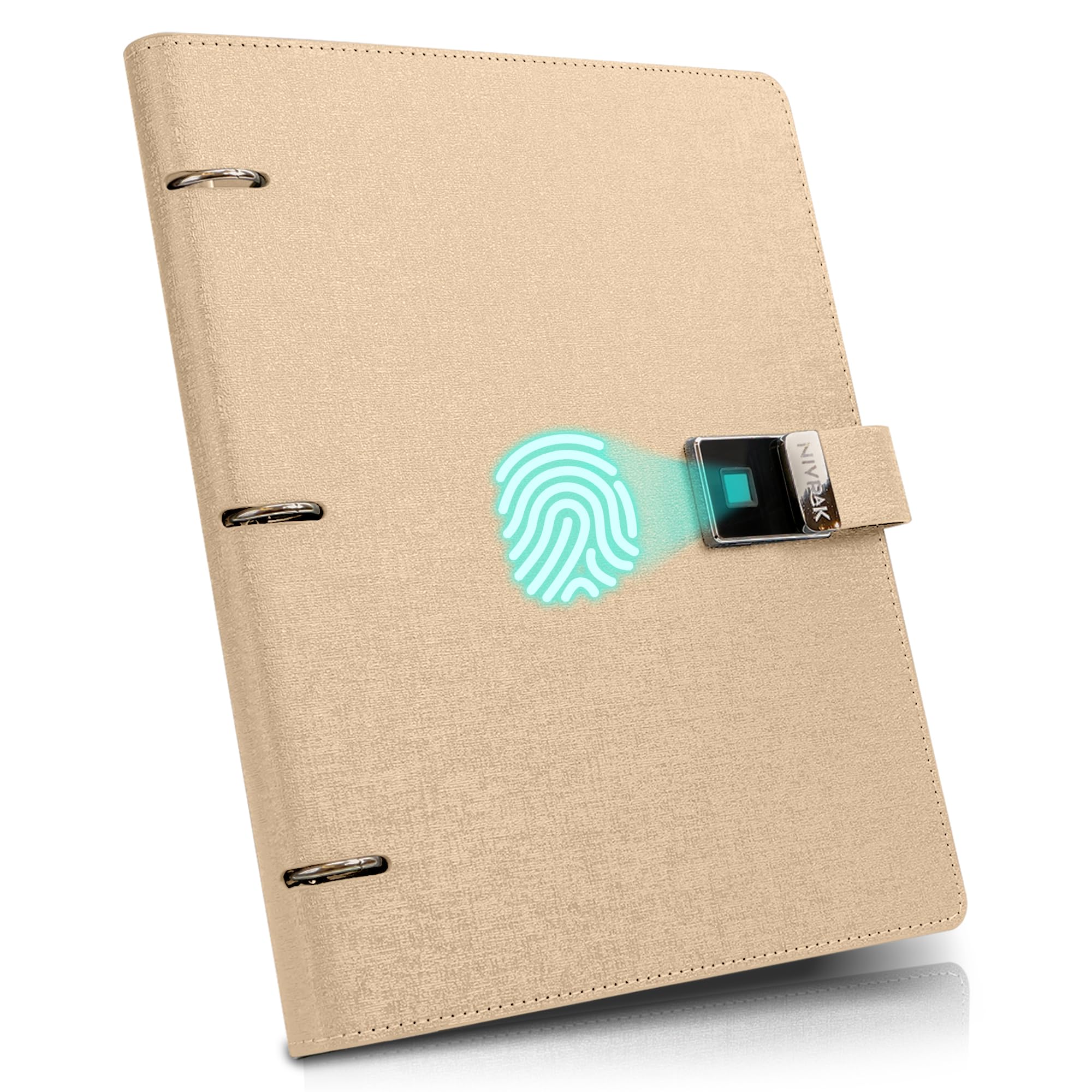 Photo 1 of Leather Notebook with Lockable Fingerprint for School, Business & Personal- 3 Ring Binder for Note Taking, Journaling, Emergency Binder, and Planner - 8.5” x 11.5”, 100 Sheets (Bleached Sand)