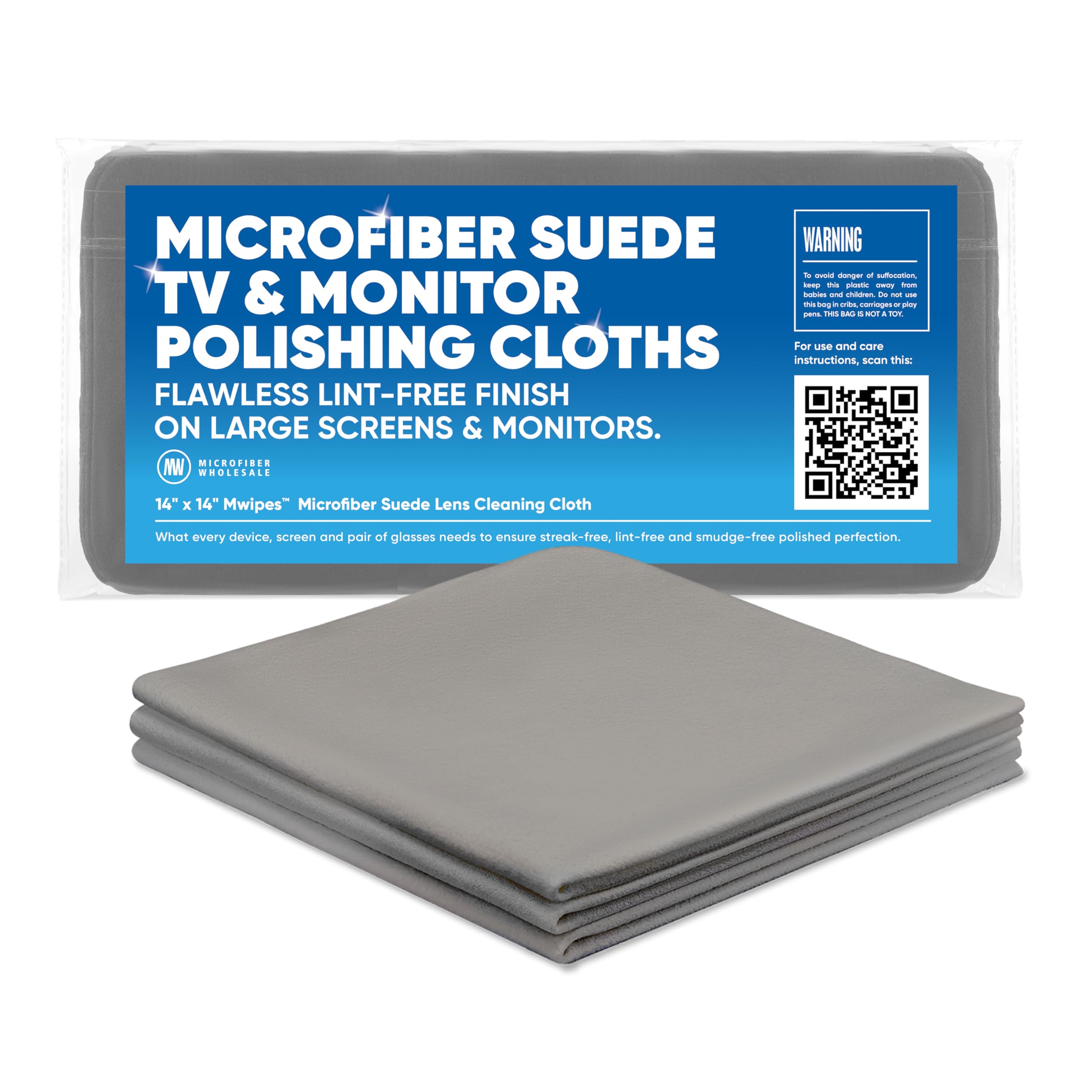 Microfiber Wholesale Premium TV Screen Cleaning Cloth Gray | 14”x14” | 3pk | Soft Microfiber Suede | XLarge Reusable | No Lint Scratch-Free Durable | Large TVs Monitors