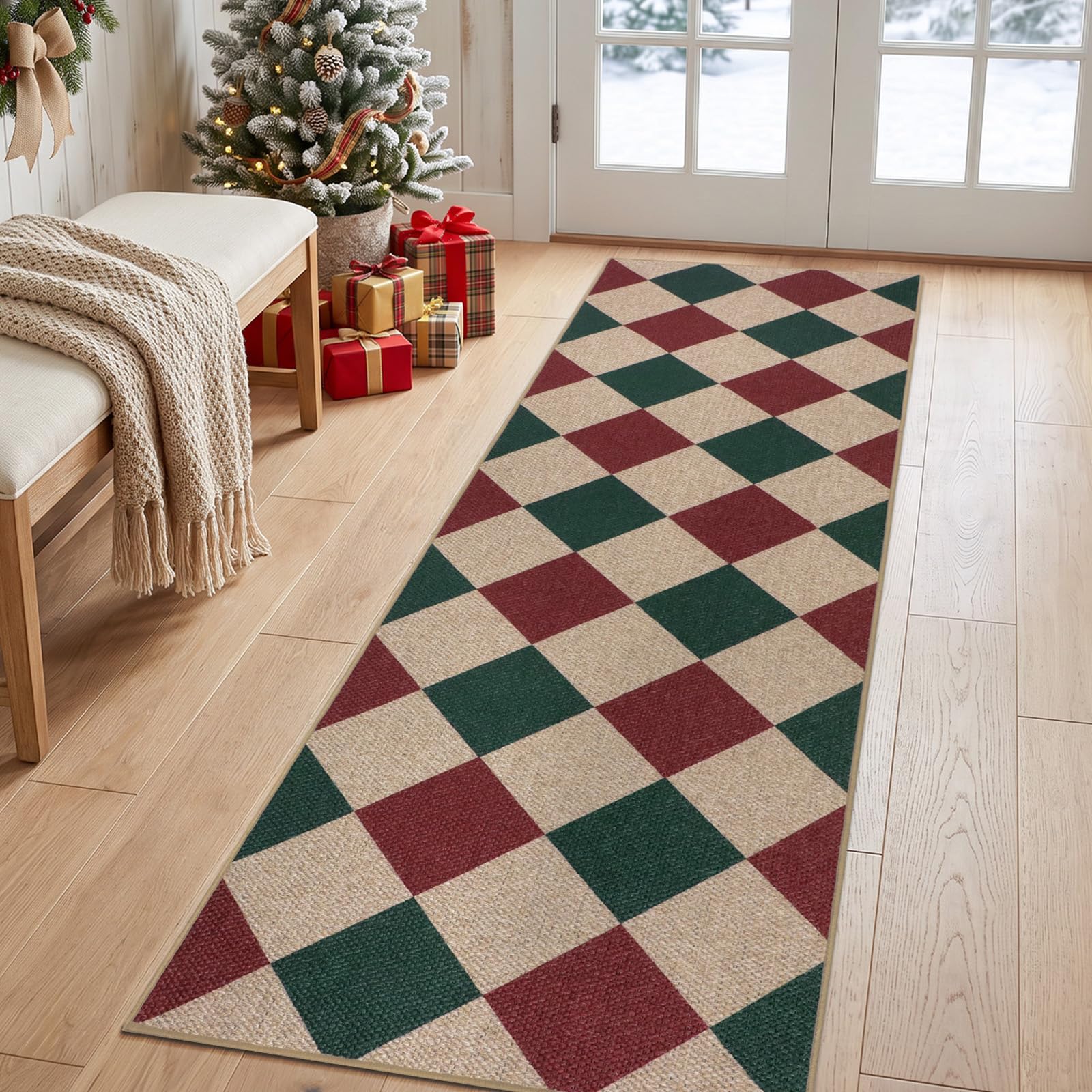 TUKDAK Jute Weihnachtsteppich Läufer 60x180cm Waschbar Rutschfest Rot Grün