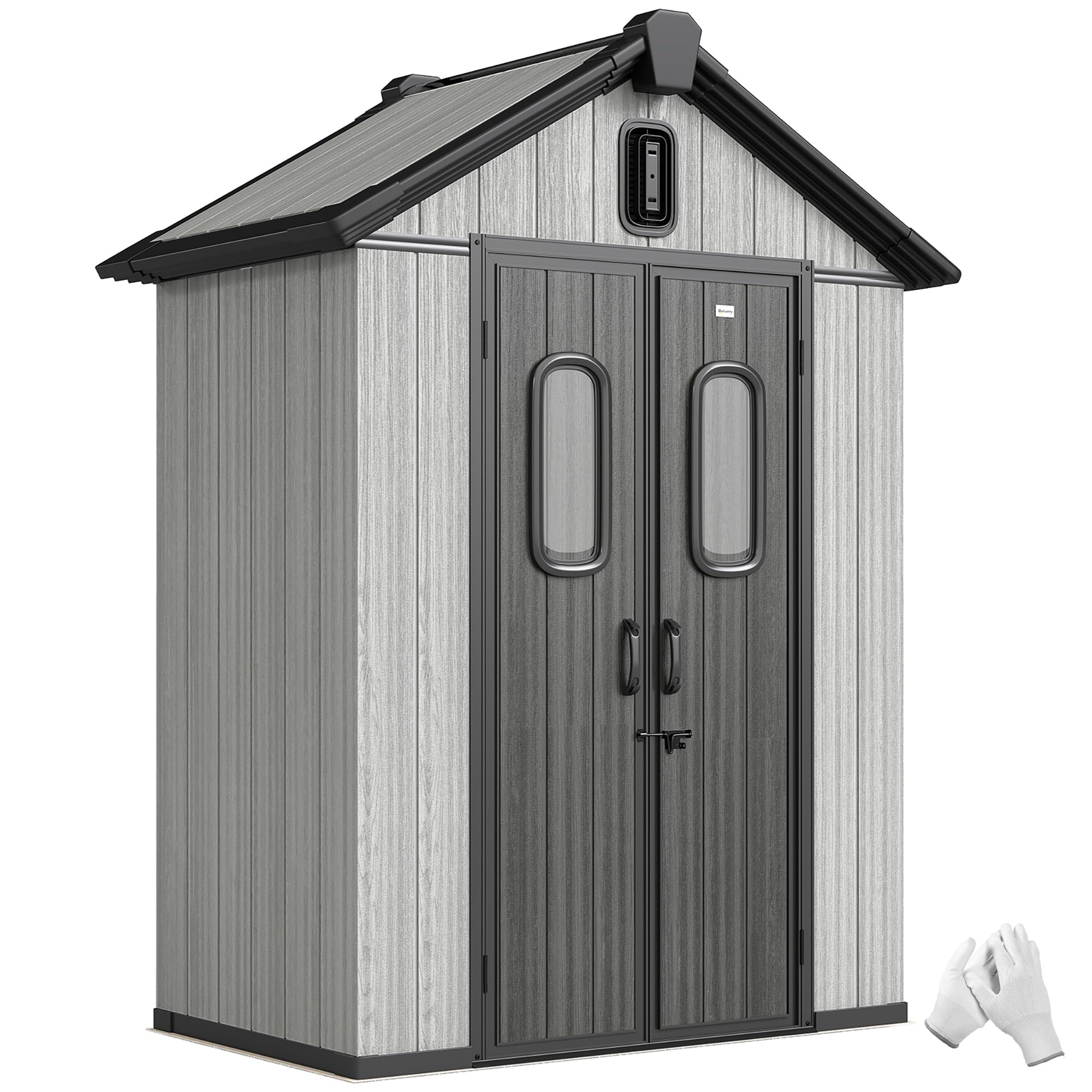 Outsunny Casetta da Giardino 1.3m² in Plastica con Pavimento, Telaio Metallo, Capanno da Giardino Porta Attrezzi con Prese d'Aria, 2 Finestre, Doppia Porta Bloccabile, Tetto Inclinato, Grigio