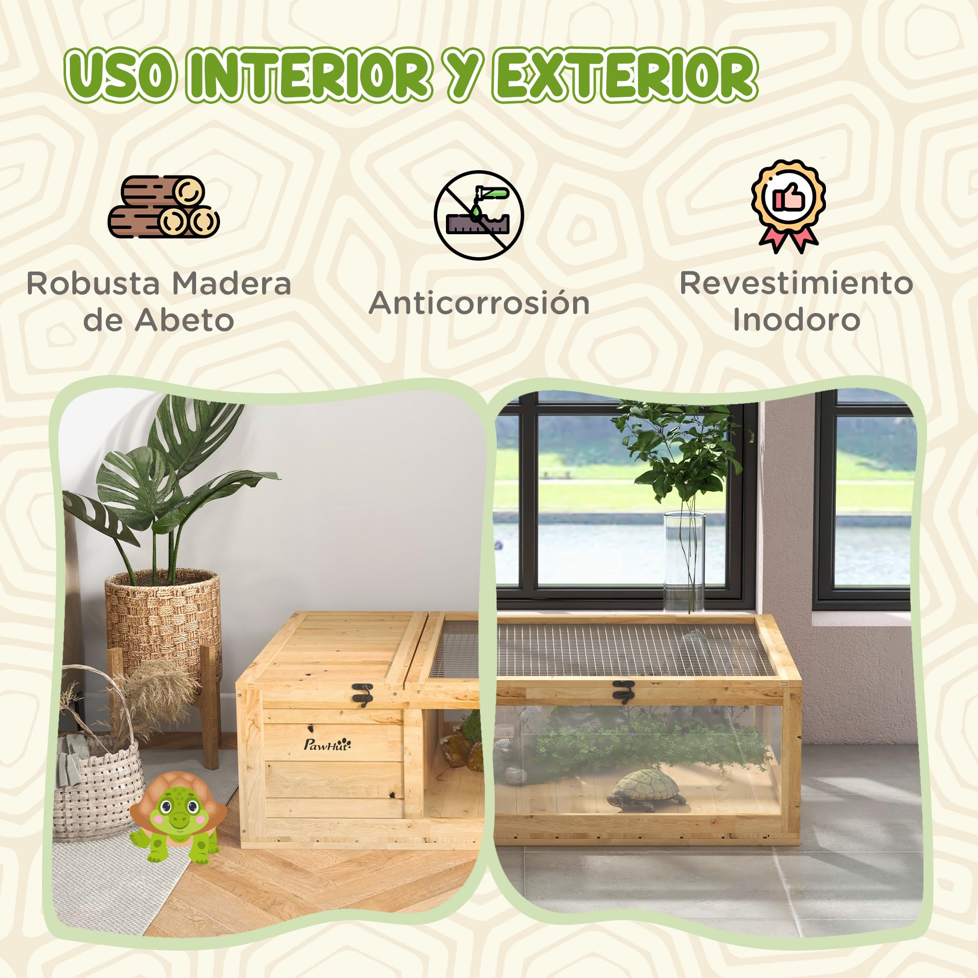 PawHut Casa para Tortugas de Madera, Terrario para Reptiles con Techo de Malla, Paneles Laterales Transparentes Extraíbles y Pestillo de Seguridad, Caseta para Tortugas, 91x60,5x32 cm, Natural — view 3