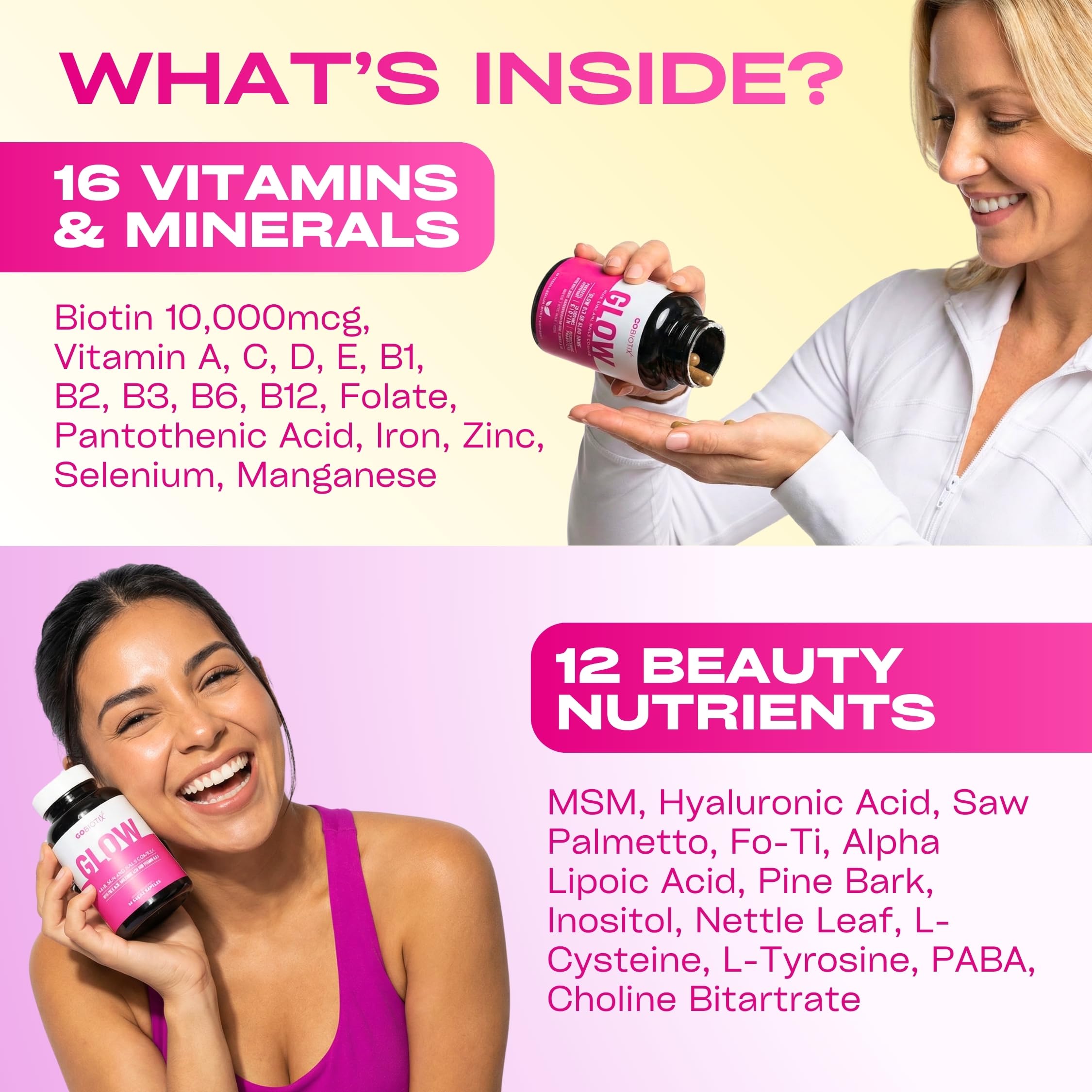 GOBIOTIX Hair, Skin & Nails Vitamins for Women — 10,000mcg Biotin, Hyaluronic Acid & MSM — 28 Vitamins with Folate & Iron — Supports Hair & Nail Growth — 90 Capsules — Amazon image 5