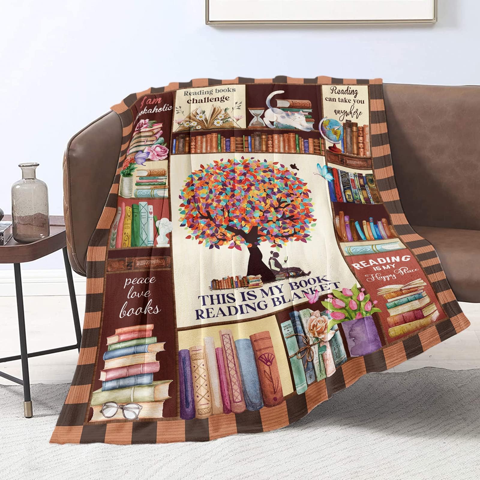 Reading Blanket for Book Lovers Gifts Blankets Librarian Gifts Throw Blanket Book Club Bookworm Gift Women Men Soft Plush Lightweight Flannel Fleece Blanket All Season for Couch Sofa, 130cm x 152cm