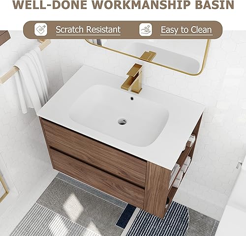 Miniatura 4 de Goujxcy Tocador de baño montado en la pared de 30 pulgadas con fregadero, moderno mueble de baño flotante con lavabo de gel blanco y cajón de