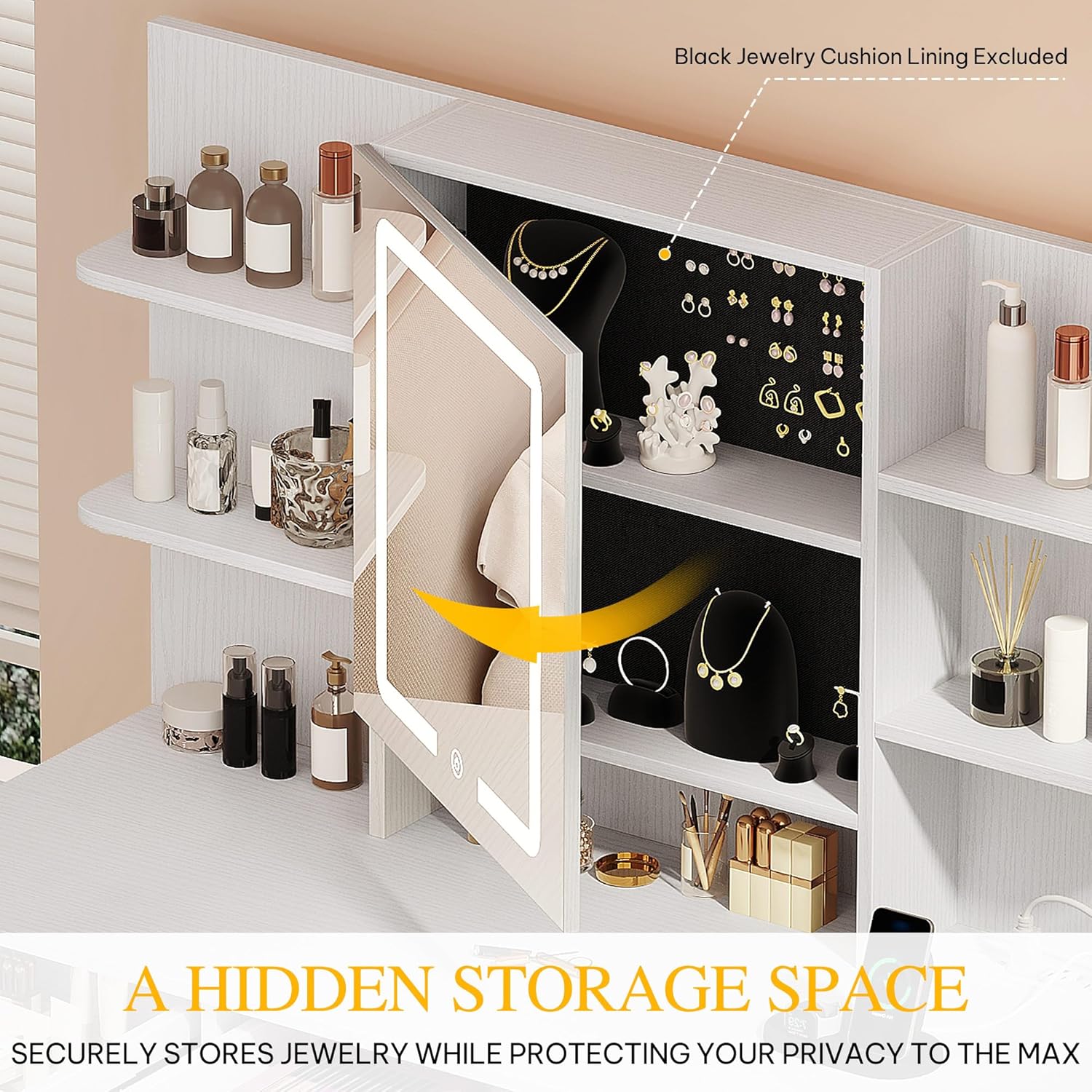 YITAHOME Vanity Desk with LED Lights Mirror & Power Outlets, Makeup Table Set with 3 Adjustable Lighting Modes, Open Shelves and Hidden Storage, Stool, Hooks and Hair Dryer Holder for Bedroom, White