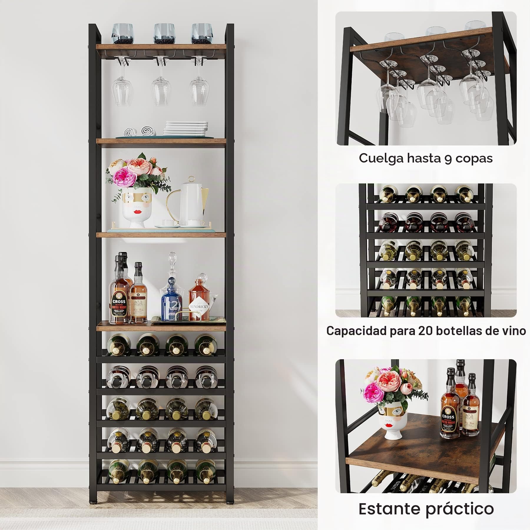 Tribesigns Botellero Vino con Soporte para 20 Botellas, 2 piezas Organizador de Almacenamiento de Vino con Soporte de Copas de Vino,Soporte para Botellero de Madera para Salón,35 x 45 x 180cm (Marrón)