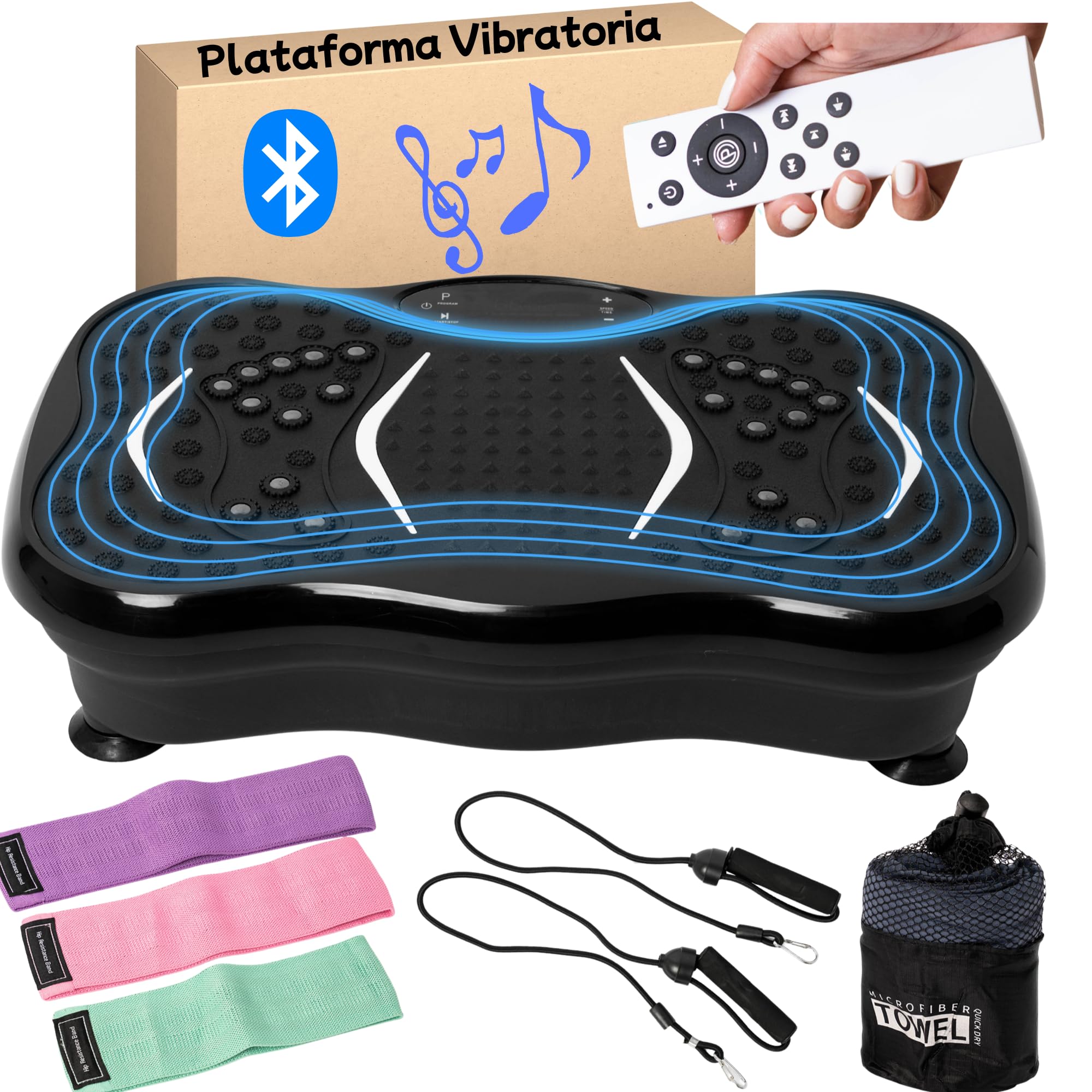 Plataforma vibratoria - Plataforma vibración Muscular - Vibration Plate - Plataforma vibración Adelgazar - Vibrating Plate con Sonido inalámbrico Bluetooh + Bandas elásticas , Manual y Toalla