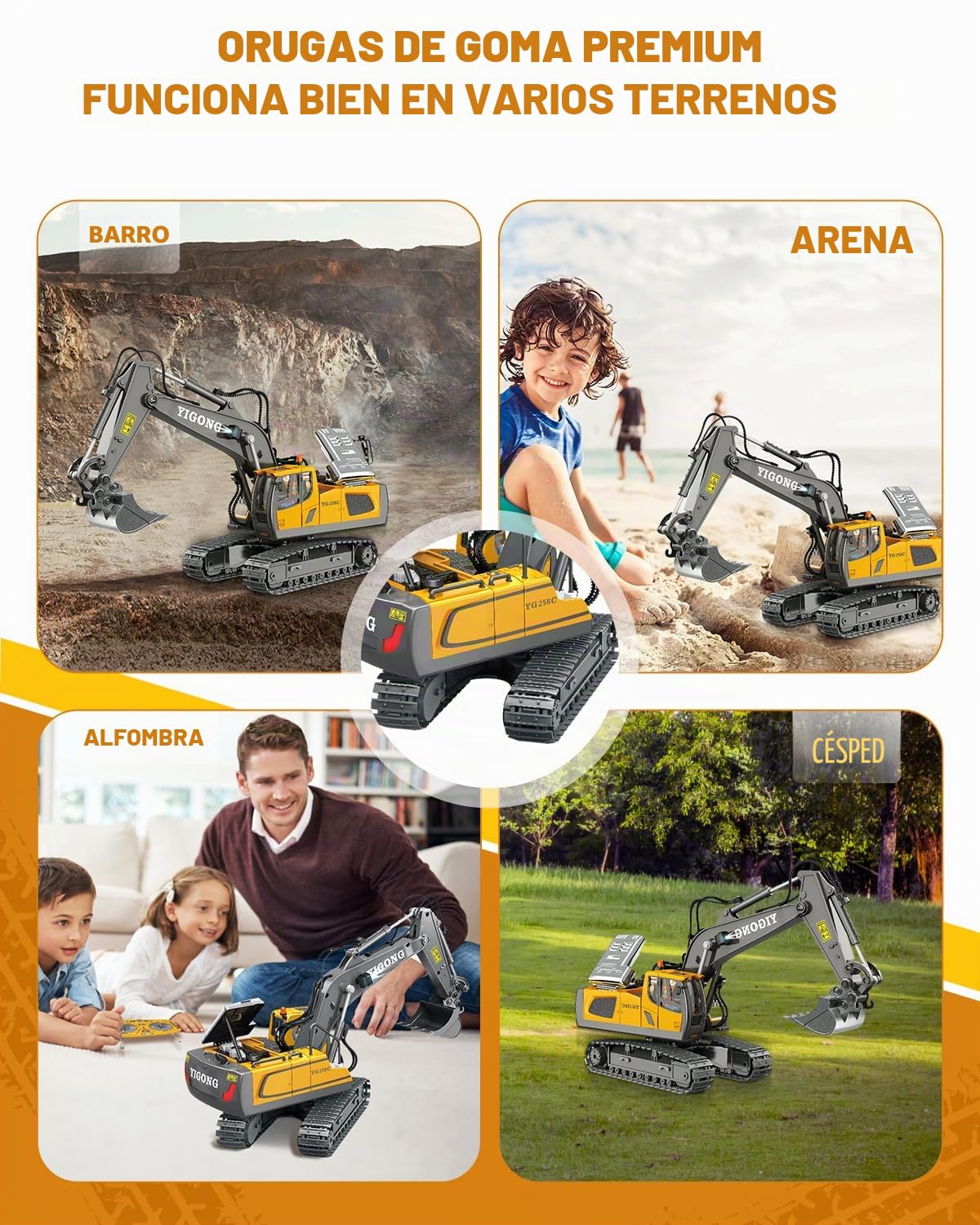 Juguete de excavadora teledirigida para niños - Excavadora RC con pala de metal, rotación de 680°, luz y efectos de sonido, regalo de cumpleaños de Navidad niño 6 7 8 9 10 11 12 años