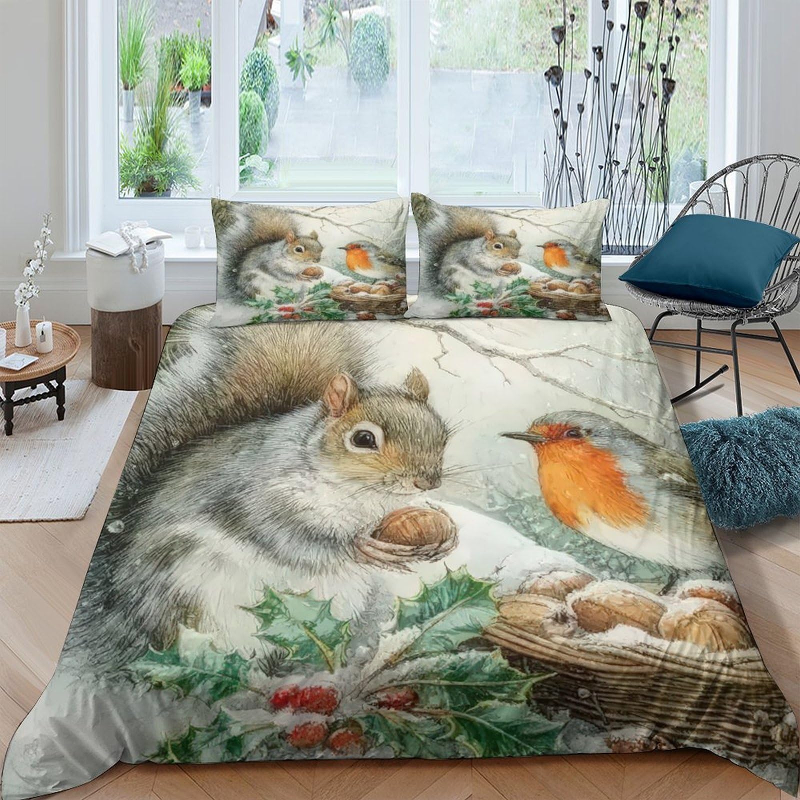 Ctjqhvkz Style-7 3D Printed Squirrel Forest Fitted Sheet Microfiber Soft Woodland Robin Bird Mattress Cover For Bedroom Dorm Room Decor Easy Care Single（135X200cm）