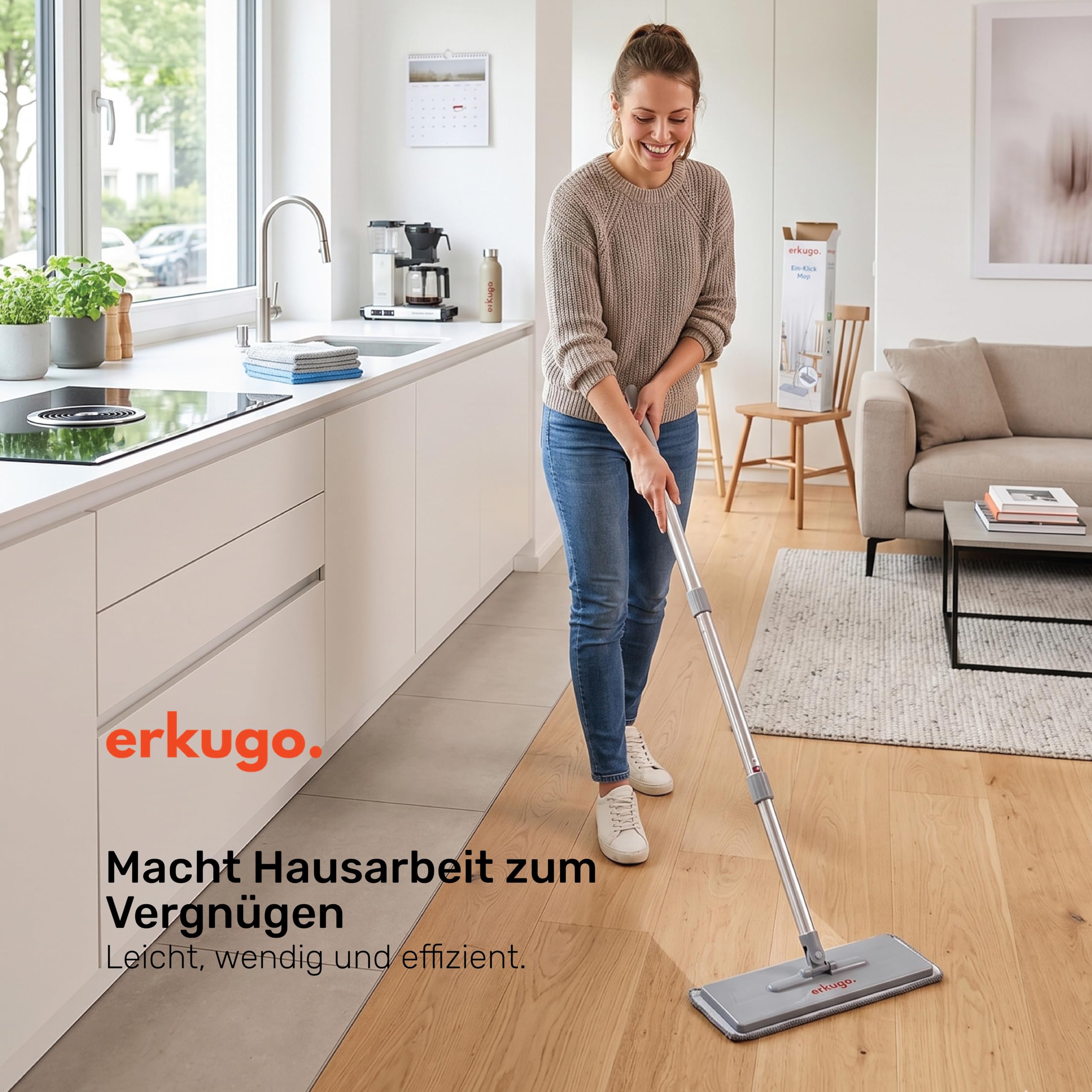 Wischmopp Eimer mit Auswringer-Set, freihändiger Flacher Bodenwischer und Eimer waschbaren Mikrofaser-Pads, Nass- und Trockengebrauch, Bodenreinigungssystem (EIN-klick-Mopp)
