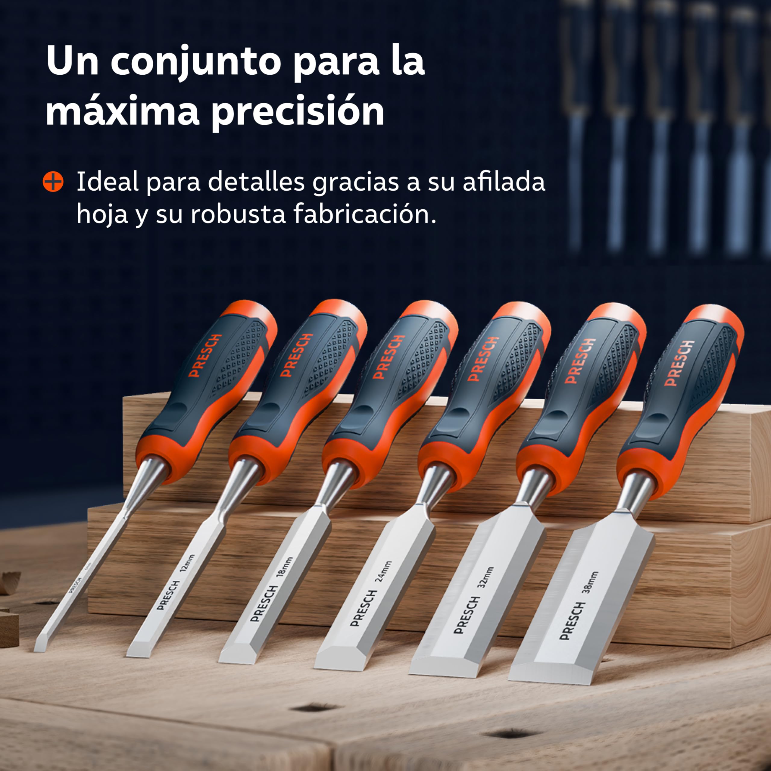 Presch Juego de cinceles para madera 6 uds. - Completamente afilados (6, 12, 18, 24, 32, 38mm) - Con ángulo de cuña de 25° e una robusta caperuza metálica para impactos