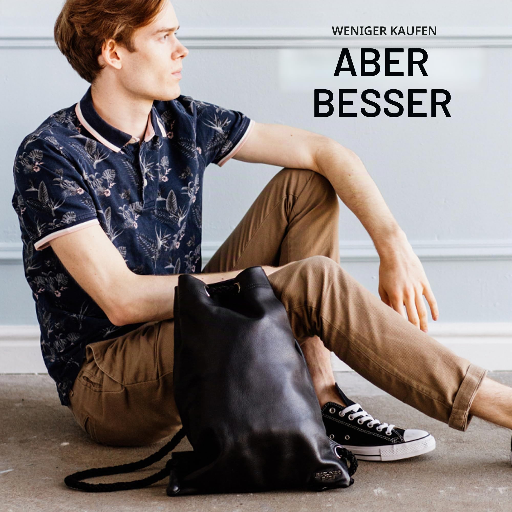 Berliner Bags Premium Turnbeutel Gym Bag aus Leder, Sportrucksack mit Kordelzug für Damen und Herren - Schwarz