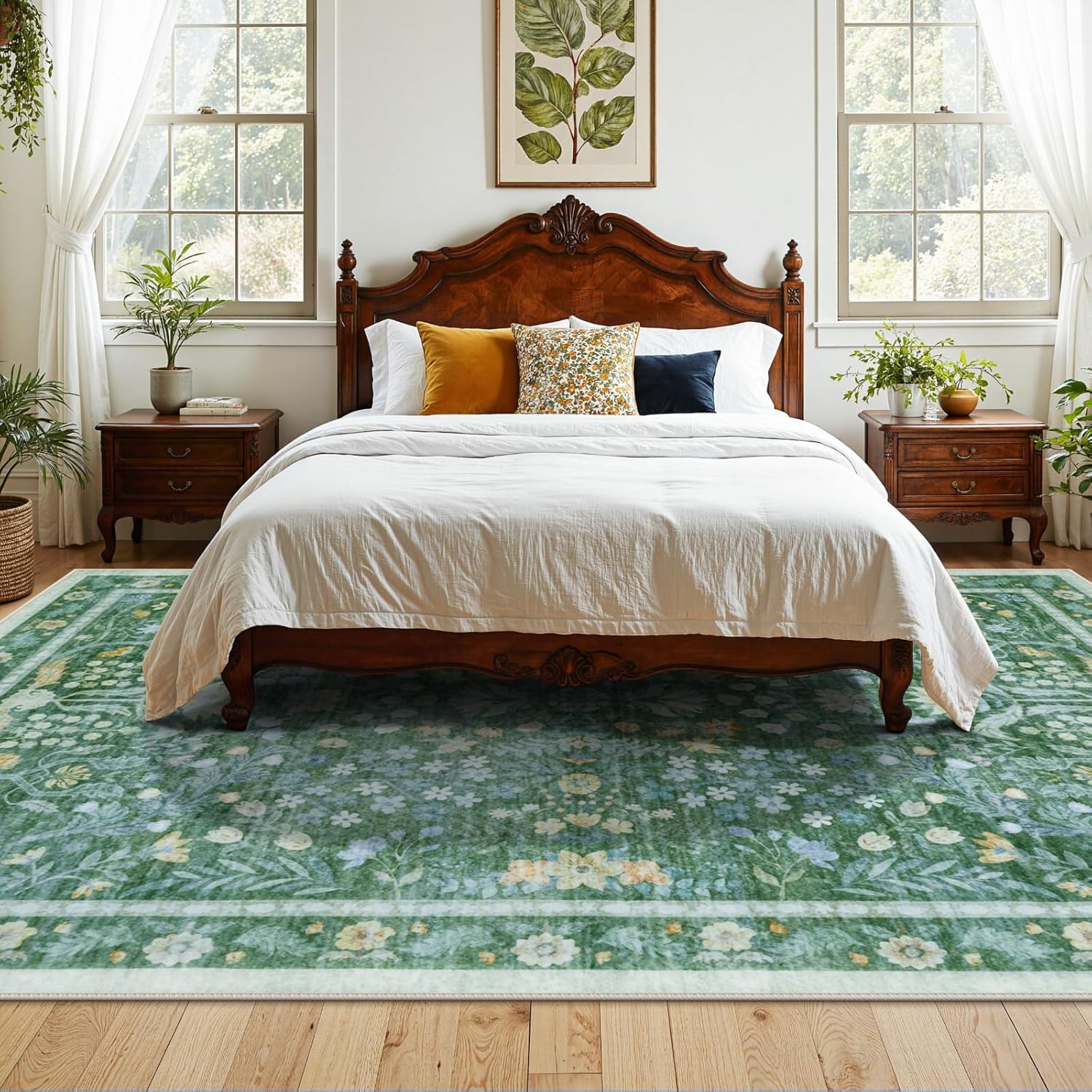 LIVEBOX Green Washable Area Rug 8x10, Soft Floral Rugs for Living Room, Boho Distressed Rugs for Bedroom Non Slip, Low Pile Vintage Indoor Carpet for Dining Room Home Decor