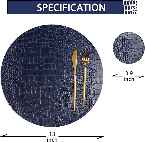 Miniatura 3 de Juego de 4 manteles individuales redondos de cuero para mesas redondas, manteles individuales y posavasos azules, lavables, fáciles de cuidar para
