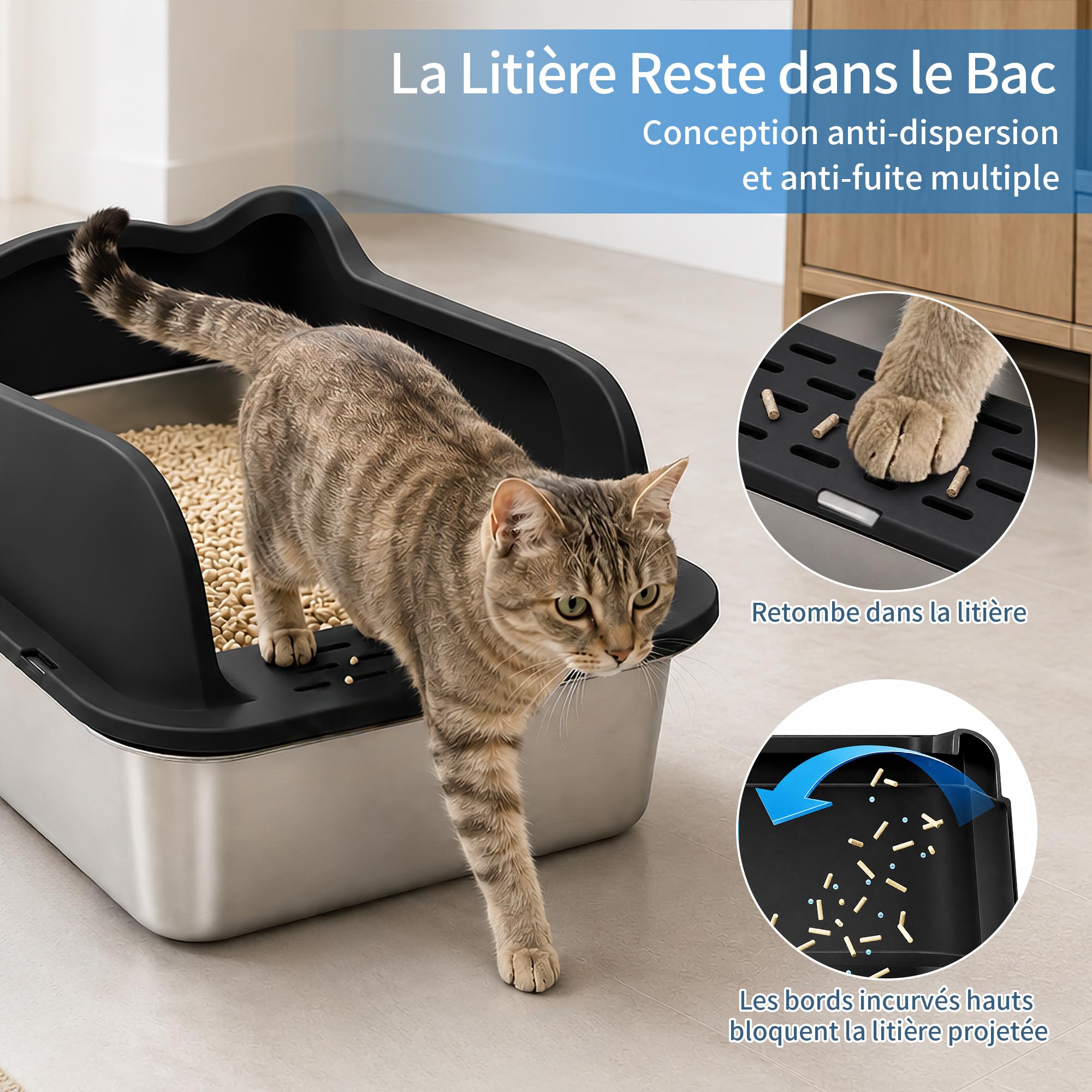 Bac a Litiere pour Chat INOX, Grande Caisse Chat Litiere XXL à Bords Hauts Amovibles, Ouvert Toilette pour Chats, Anti-Fuite, Anti-Odeurs, Facile à Nettoyer, 50 * 35 * 15cm