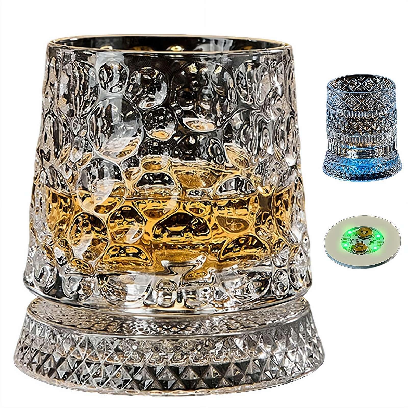 360° Rotating Whiskey Glass with Stable Decoupled Base, Spinning Crystal Whiskey Tumbler Glasses with Light-up Coaster, Stress Relief Drinking Cup, Birthday Valentine's Day Gift for Husband Father