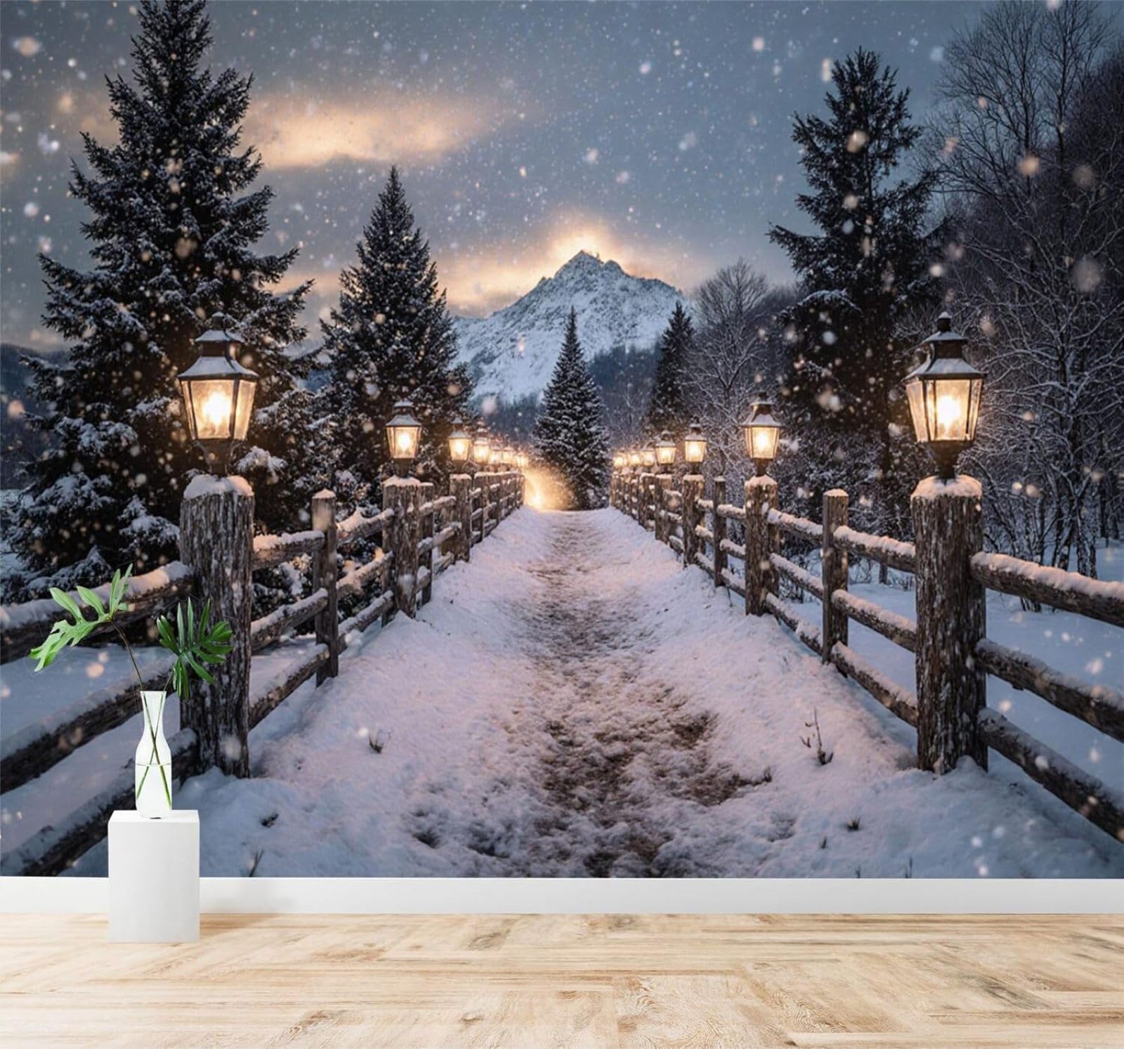 Xlming 300Cm×210Cm(B×H) Snow Capped Mountains Footpath Pine Trees Warm Lights Lanterns 3D Wallpaper Silky Texture Home Study Office Grey Dining Room Sofa Bedroom Living Room Tv Backdrop-300Cm×210Cm