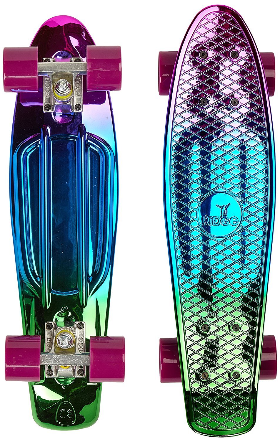 Ridge Skateboards Rainbow Neochrome 27' Mini Cruiser Complete Nickel Board - UK Manufactured - Metallic Fades