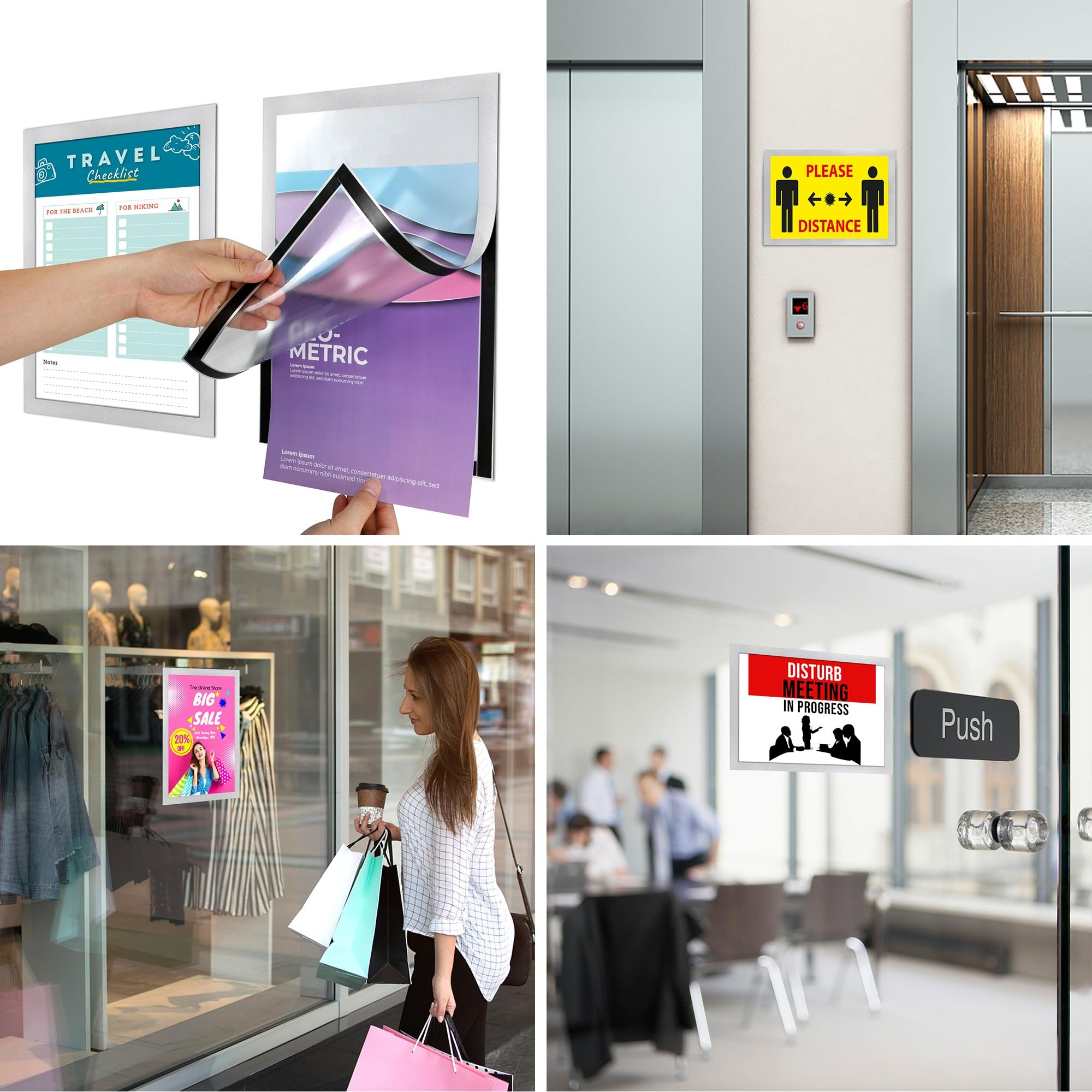 6 Pièces Cadre d'Affichage Magnétique A4, Autocollant, Adhésif pour Signe Enseignes Pochette d'Information avec Fermeture Magnétique (Argent)