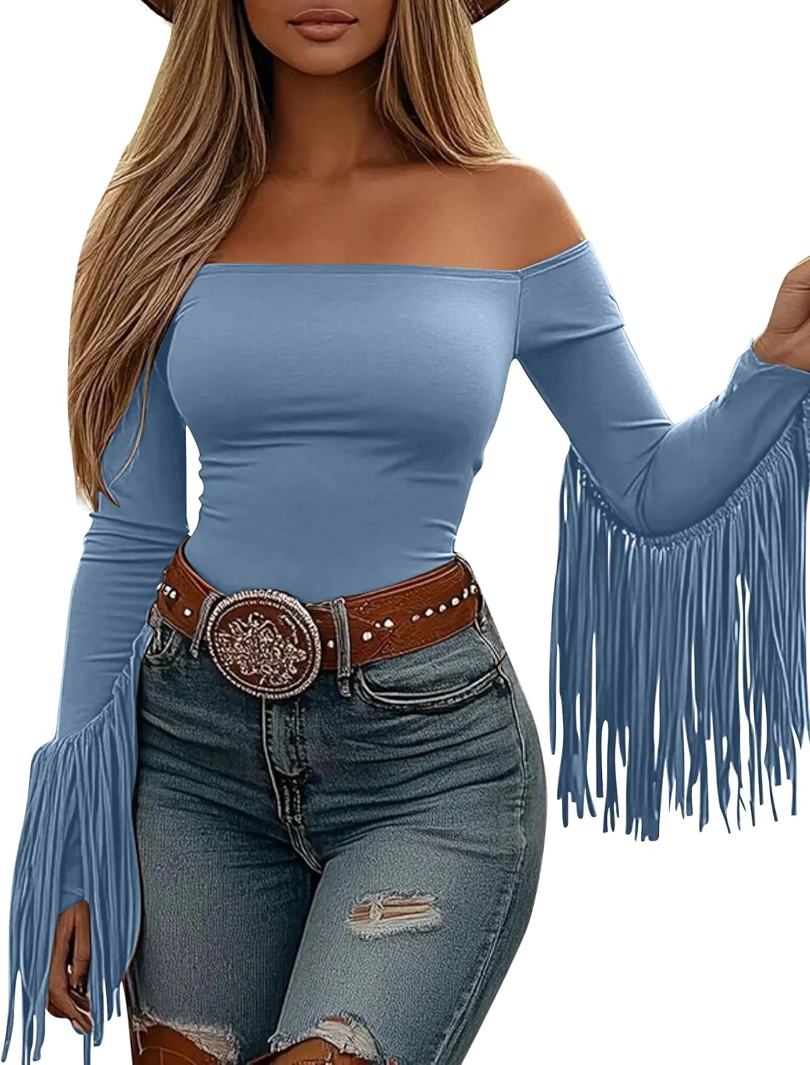 Off The Shoulder Fringe Tops for Women Western Cowgirl Outfits Stretchy Fall Long Sleeve Crop Tassel Shirts Y2K