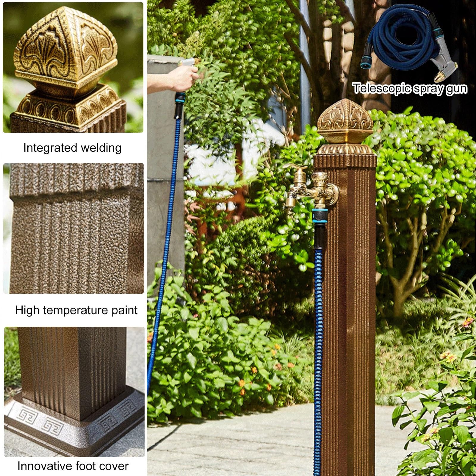 Grifo de Columna de Agua para jardín Vertical Exterior de 43,3 Pulgadas, Extensor de Manguera, Grifo de hidrante para riego eficiente y Agua Potable, Montaje en Suelo, du