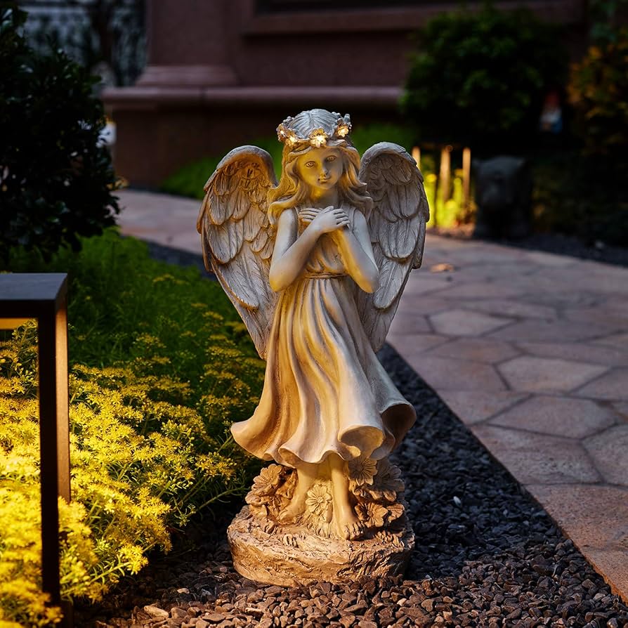 Garden Statue Solar Angel Figurine With Succulent And 5 LED Lights Outdoor Decor Gifts Mom Grandma Cemetery Decorations Patio Balcony Yard Lawn Grave Memorial Owl Decor