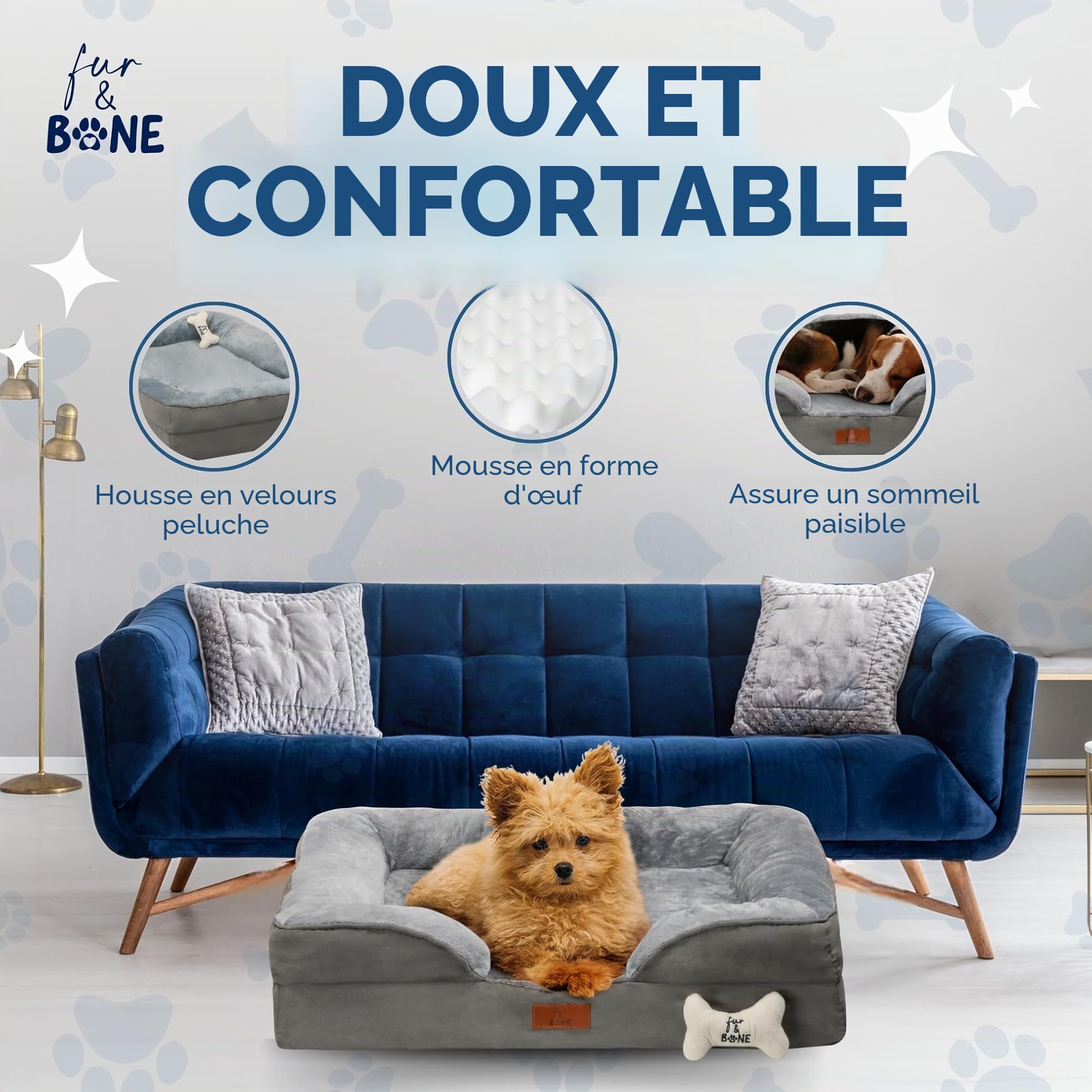 Fur & Bone Lit pour chien de taille moyenne (70 x 58 x 18 cm) - Lit pour chien avec coussin doux - Lit orthopédique pour chien - Housse amovible en velours peluche - Couche imperméable - Fond
