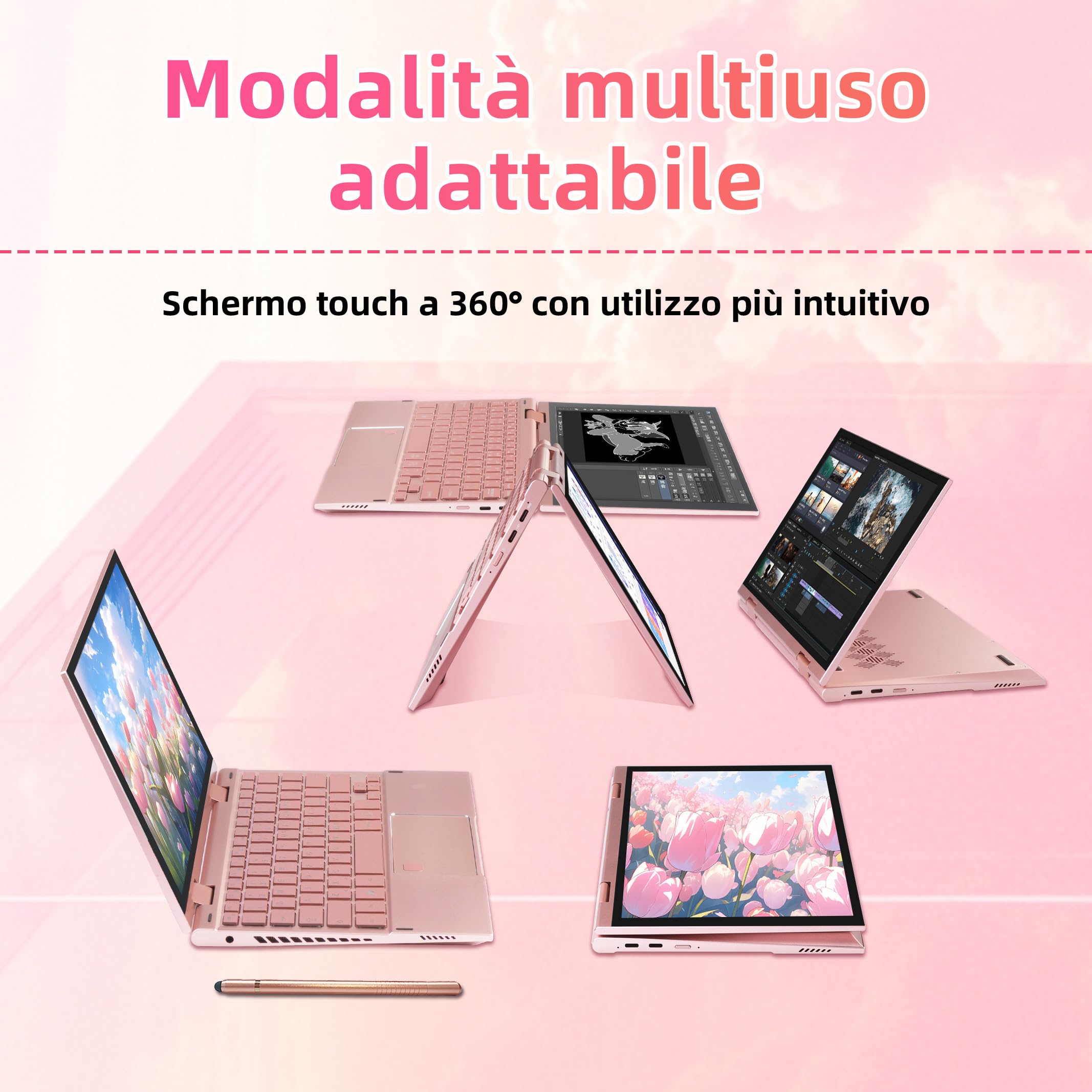 Mini Laptop 2 in 1 10.95" Touch Screen Notebook Convertibile 360° Win 11 Pro Celeron N95 16GB DDR5 256GB SSD 2000x1200 Tastiera Italiana Retroilluminata Stilo Oro Rosa
