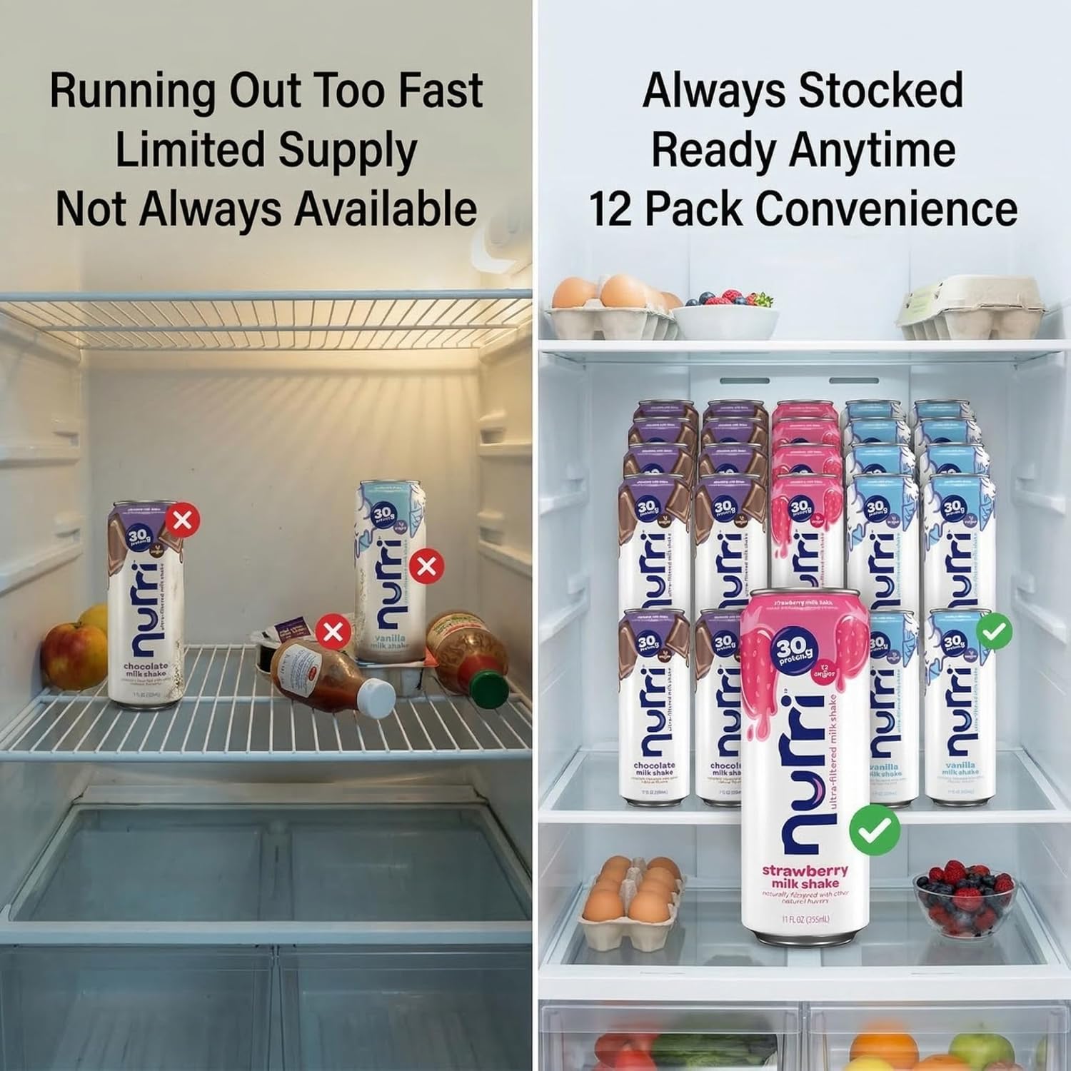 Nurri 30g Protein Shake Ready to Drink, 12 Pack Variety (4 Vanilla, 4 Chocolate, 4 Strawberry), 1g Sugar, 150 Calories, Lactose Free, Meal Replacement & Post Workout Drink