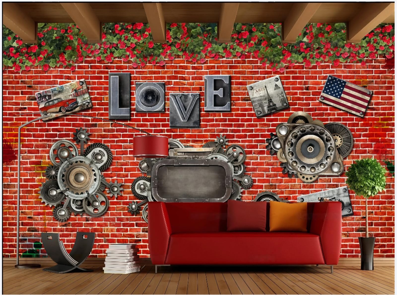 rskjdghshd Wallpaper Retro Nostalgic Red Brick Wall Letters Love Gear Bar Dining Background Wall Western Restaurant Wallpaper Drinks Cafe Mural,3D,430x300cm