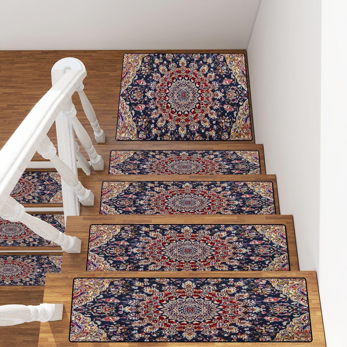 13+1 Stair Treads Carpet with Landing Stair Rugs Carpet Intricate Patterns Cobalt Gold Non-Slip Wooden Steps Stair Runner Rug Safety Mats for Elders