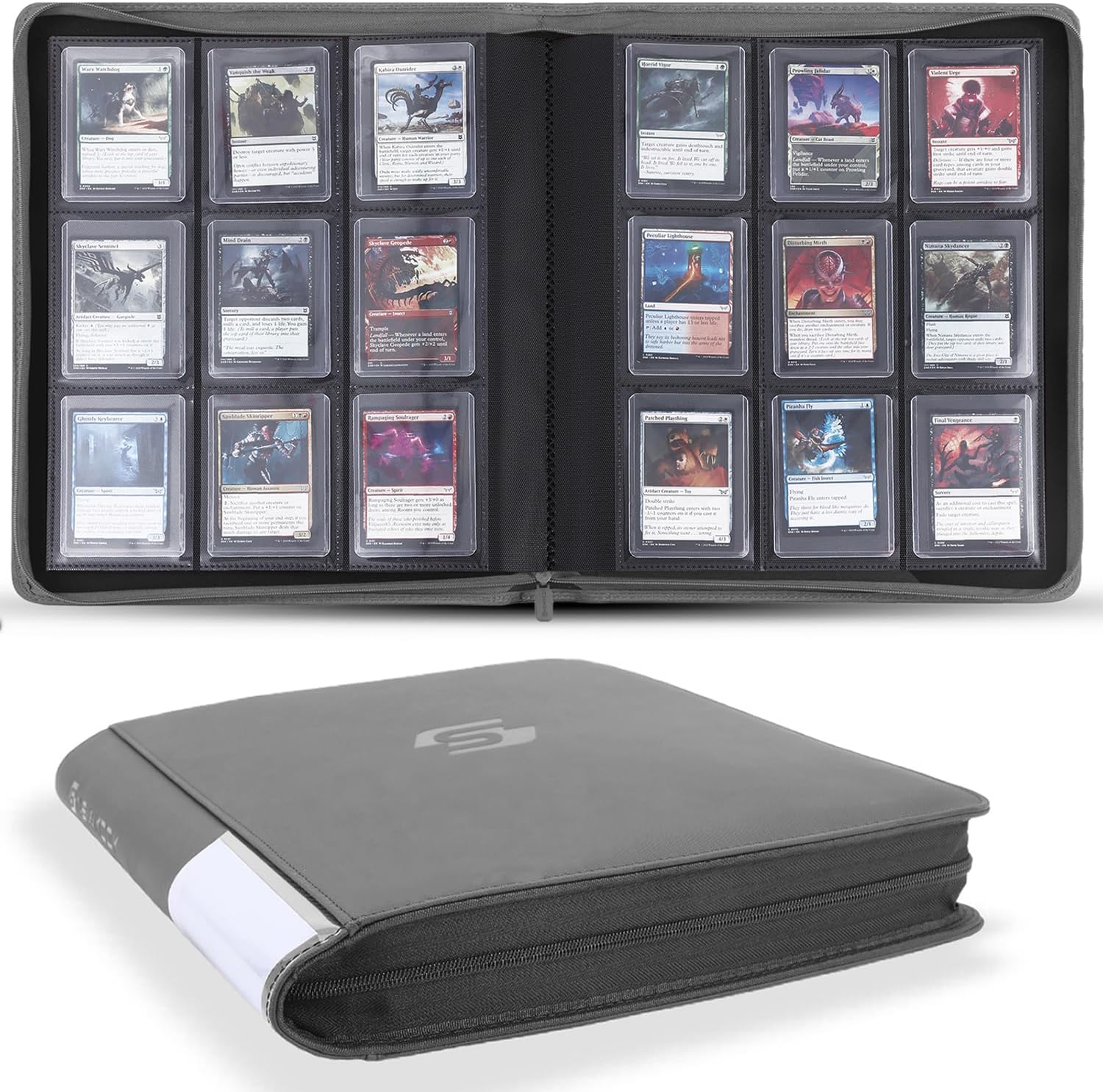 Snekdy Top loader Binder, 9 Pockets Top Loader，Holds 360 Top Loaders cards, Card binder with Sleeves for card in 3 x 4 inches color smooth Zipper PU Leather (Light Grey)
