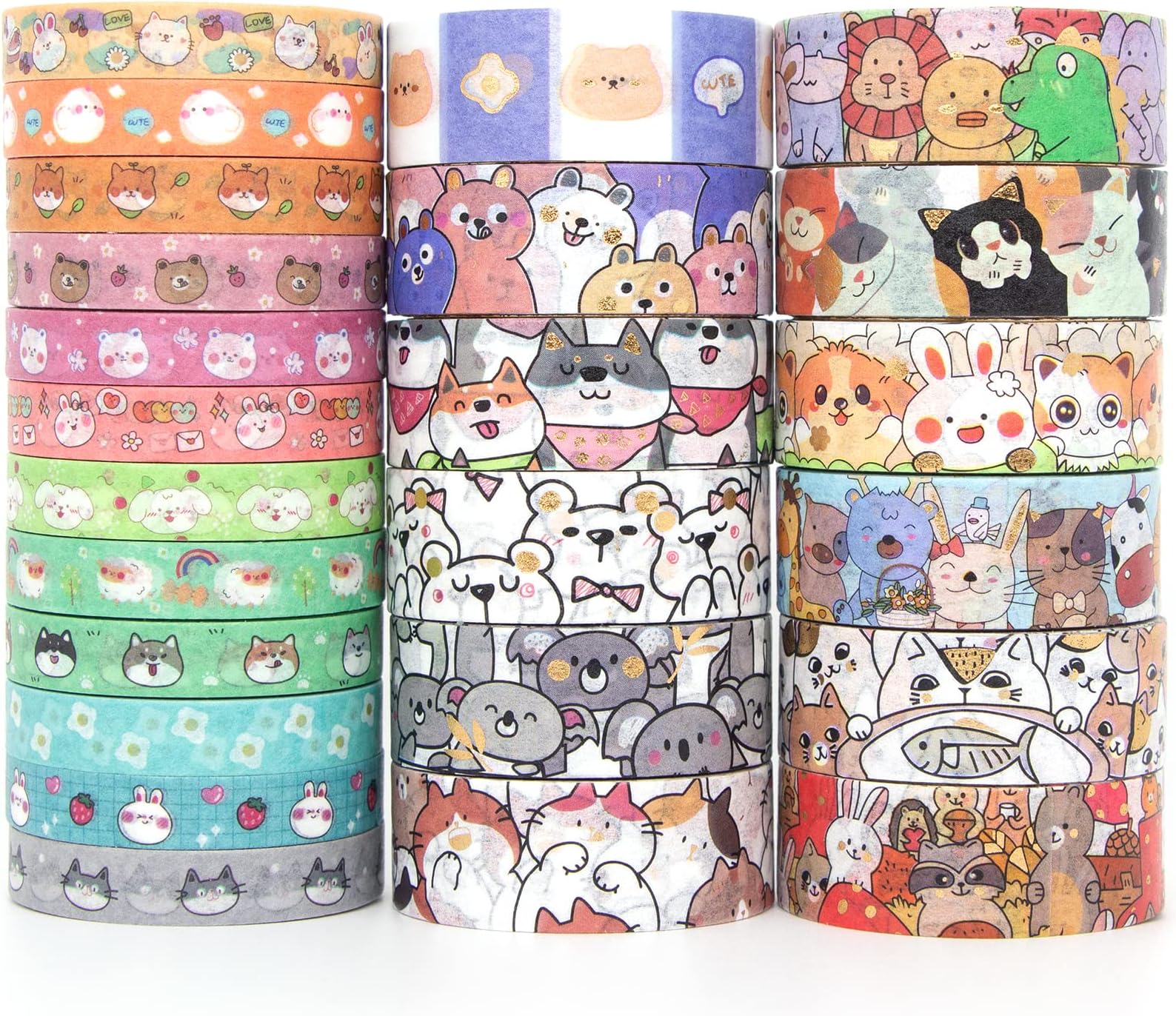 WAPETASHI Cute Washi Tape Set - 24 Rolls Kawaii Animals Gold Foil Decorative Masking Tape for Journaling, Scrapbooking, Kids DIY Crafts, Aesthetic Supplies, Planners, Bullet Journal