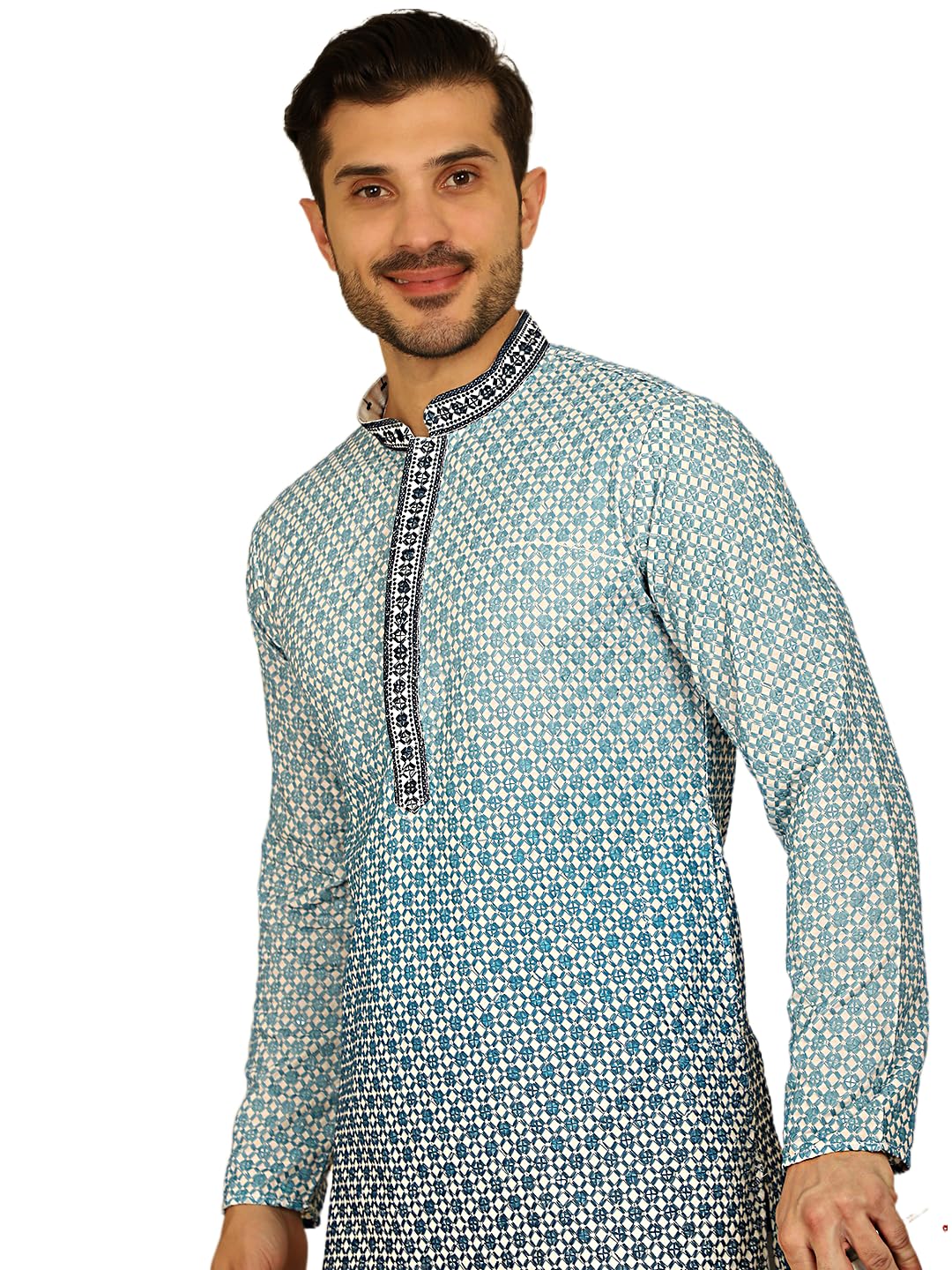 Jompers Men's Sequins Embroider Kurtas (Blue, L)