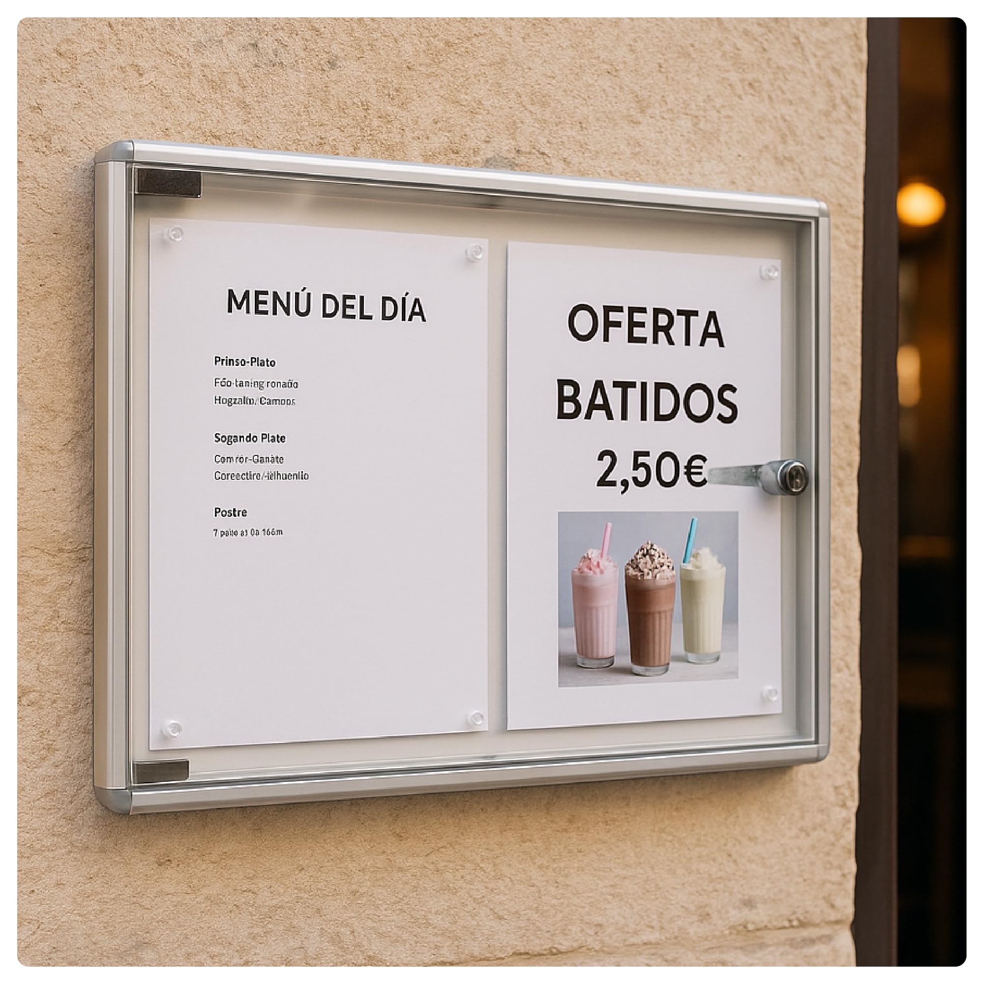Tablon de Anuncios con Llave 46x35cm | Tablón Anuncios Exterior o Interior | Aluminio y Policarbonato Resistente | Fondo Metálico Apta para Imánes | Fácil Montaje
