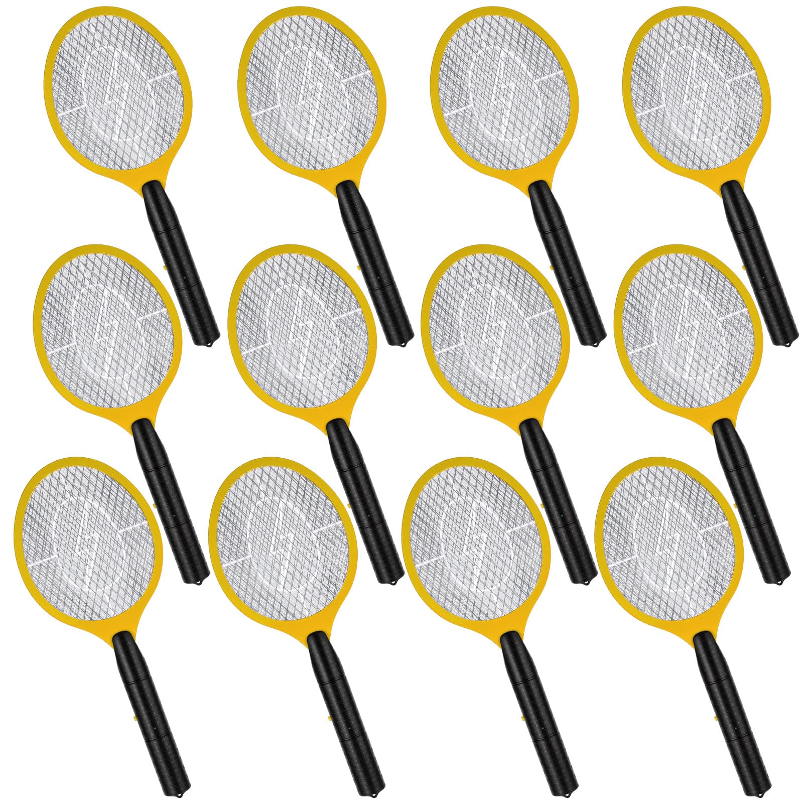 Paquete de 12 matamoscas eléctrico a granel, raquetas matamoscas para interiores y exteriores, raqueta de mosquitos con malla protectora, funciona con pilas AA, no incluidas (amarillo)