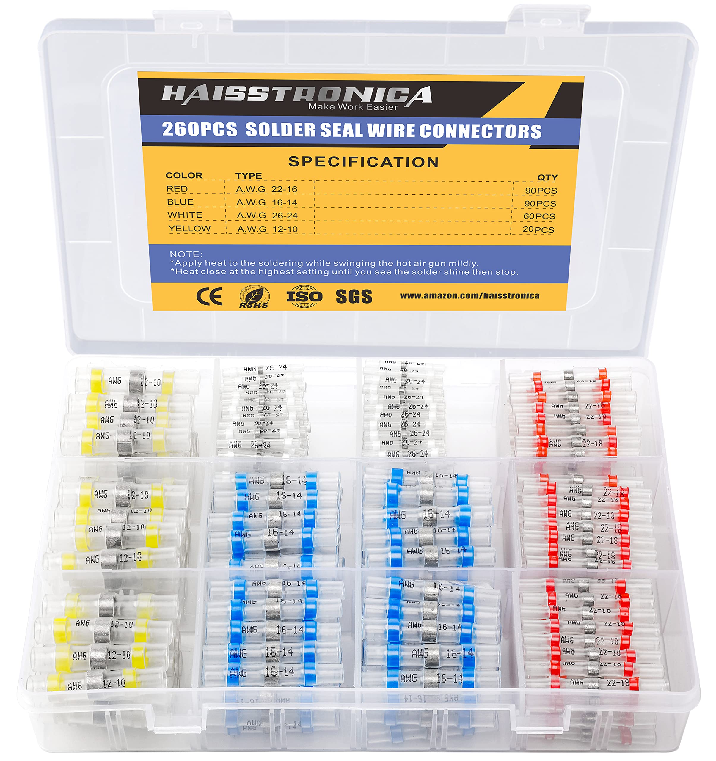 haisstronica 260PCS Solder Seal Wire Connectors- Waterproof Wire Connectors-Heat Shrink Wire Connectors-Self Solder for Marine,Stereo(20Yellow 60White 90Red 90Blue) Solder Sleeve