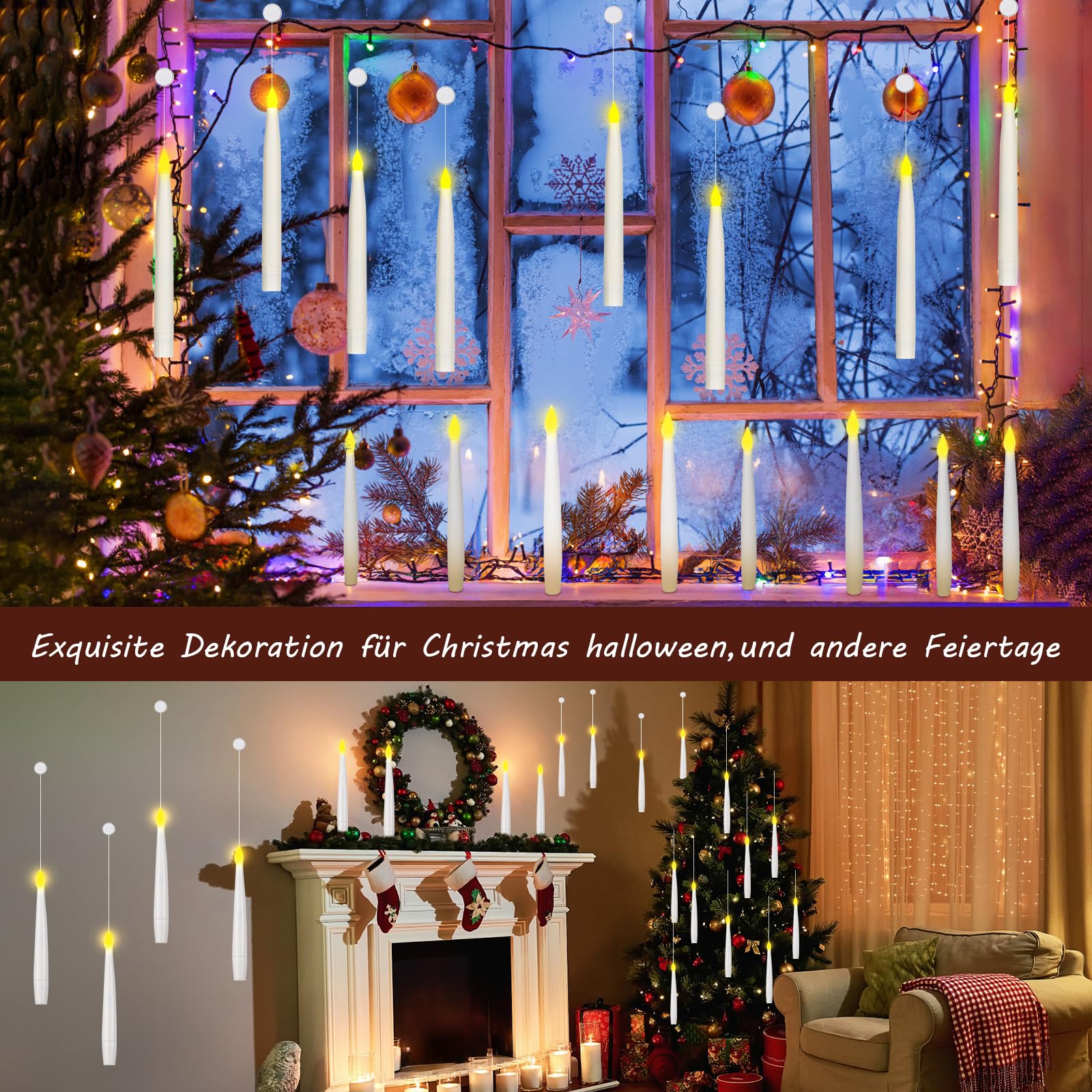 Velas Flotantes con Control Remoto de Varita Mágica, 20 Velas LED Flotantes, Sin llama Vela Cónica Colgante, Parpadeante Vela Mágica, Velas con Pilas Para Halloween,Decoración Navideña