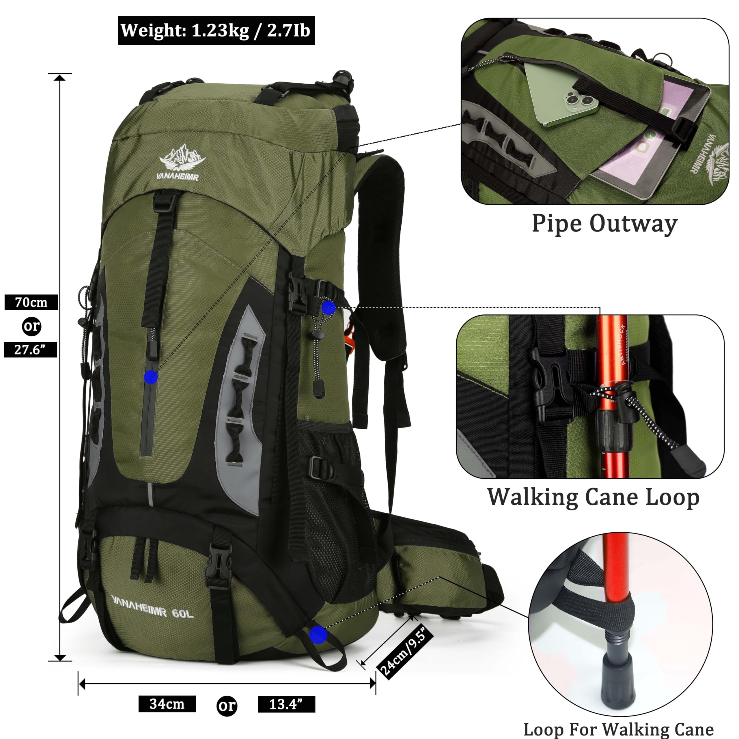 60 l Wanderrucksack, Camping-Rucksack, Jagd-Rucksack für Outdoor, wasserabweisend, taktischer Rucksack für Damen und Herren, Tiefes Blau, Large, Outdoor