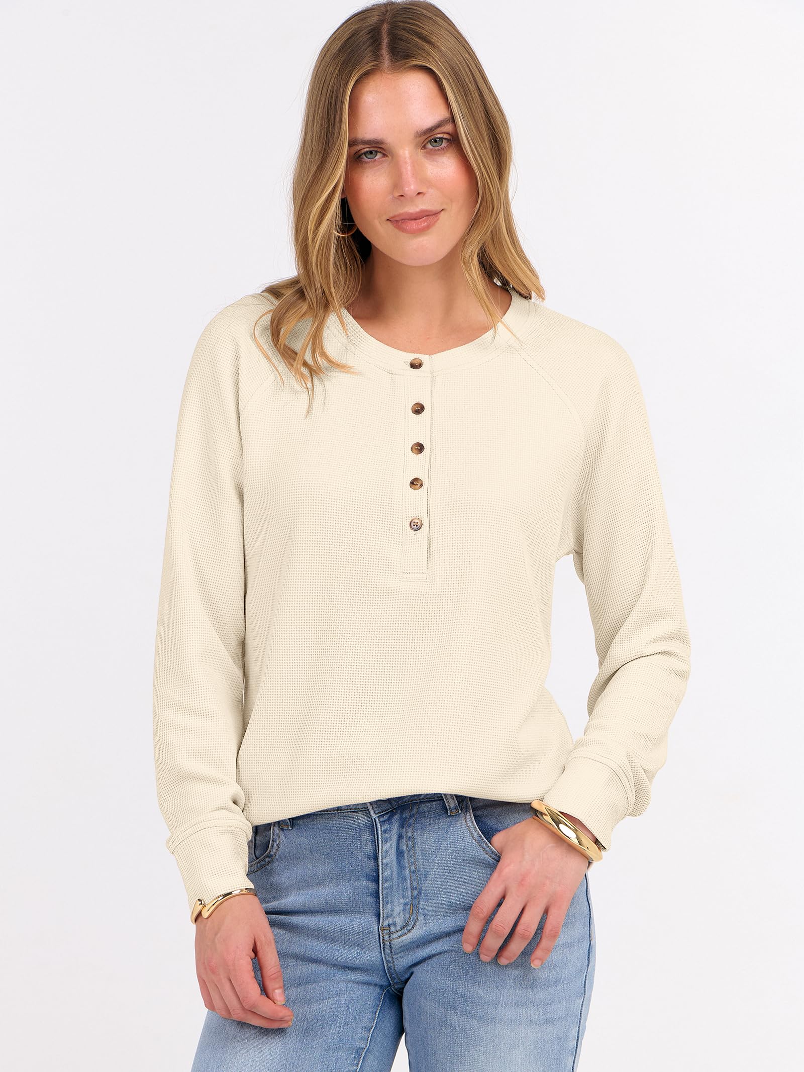 ANRABESS Women's Long Sleeve Waffle Knit Shirts Dressy Casual Loose Button Up V Neck Henley Tops 2026 Fall Basic Tee Blouse