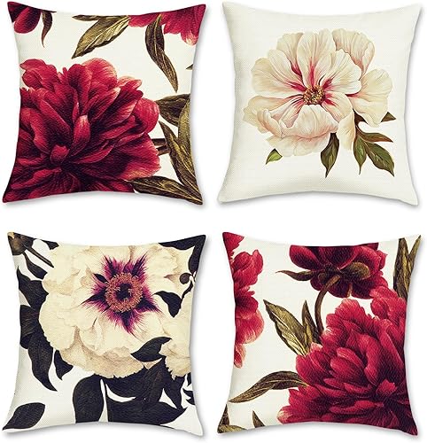 Bonhause Juego de 4 fundas de almohada florales de 20 x 20 pulgadas, fundas de almohada decorativas de flores de peonía roja y blanca, fundas de