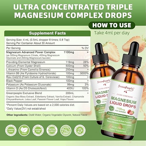 Miniatura 8 de GREENPEOPLE Gota líquida de glicinato de magnesio, suplemento de magnesio de triple absorción 17 en 1 con glicinato de magnesio de 400 mg y citrato