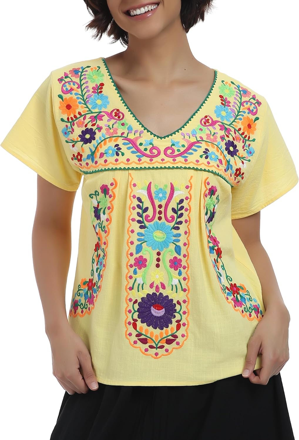 YZXDORWJ Women's Mexican V Neck Top Peasant Embroidered Blouse Traditional Summer Short Sleeve Shirt