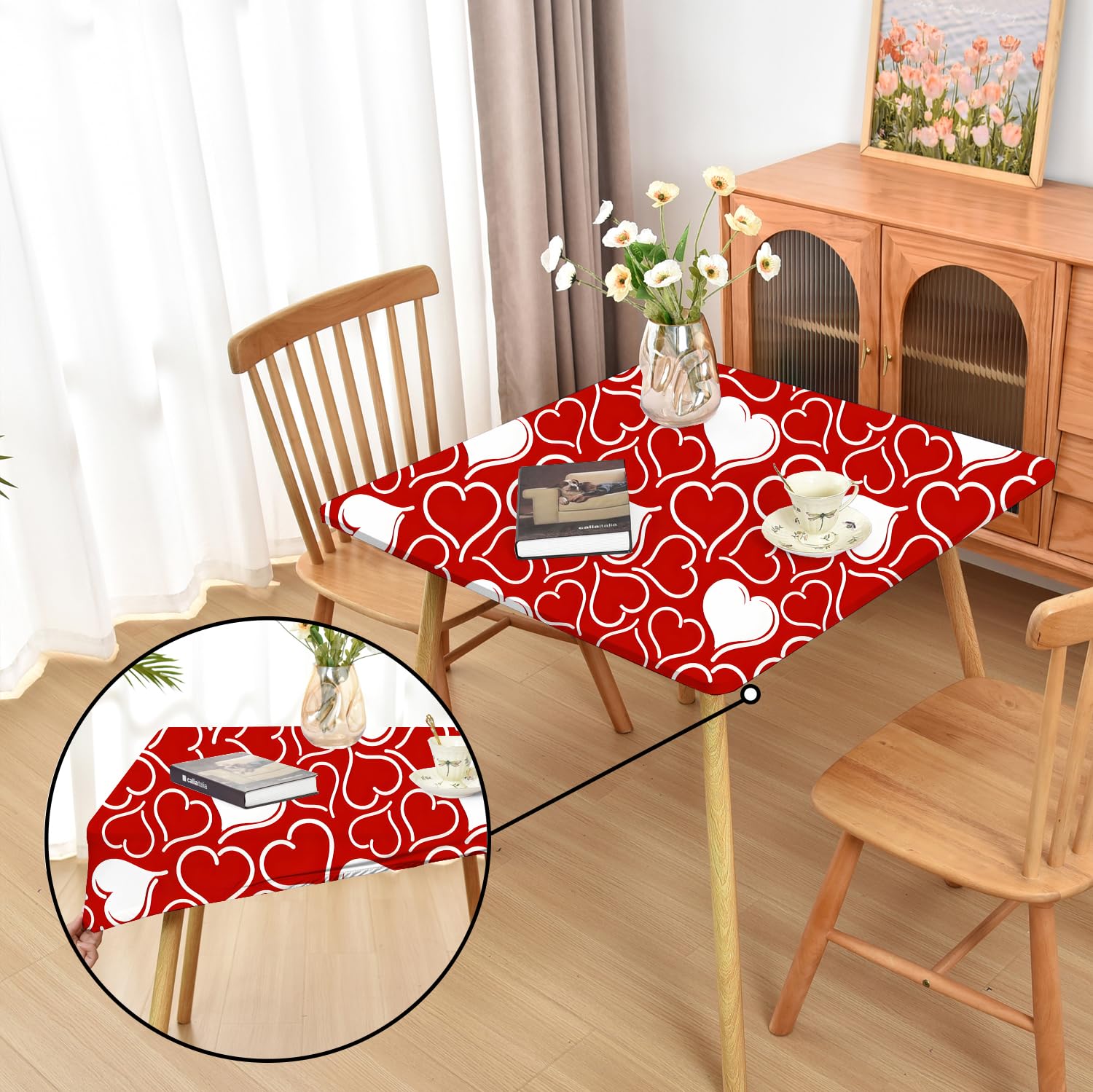 Amonsa Spring Red Heart Fitted Tablecloth with Elastic for 48x48 inch Square Folding Tables Washable Valentine Stretchy Spandex Card Table Covers Cloth Fabric Table Cloths — image 1