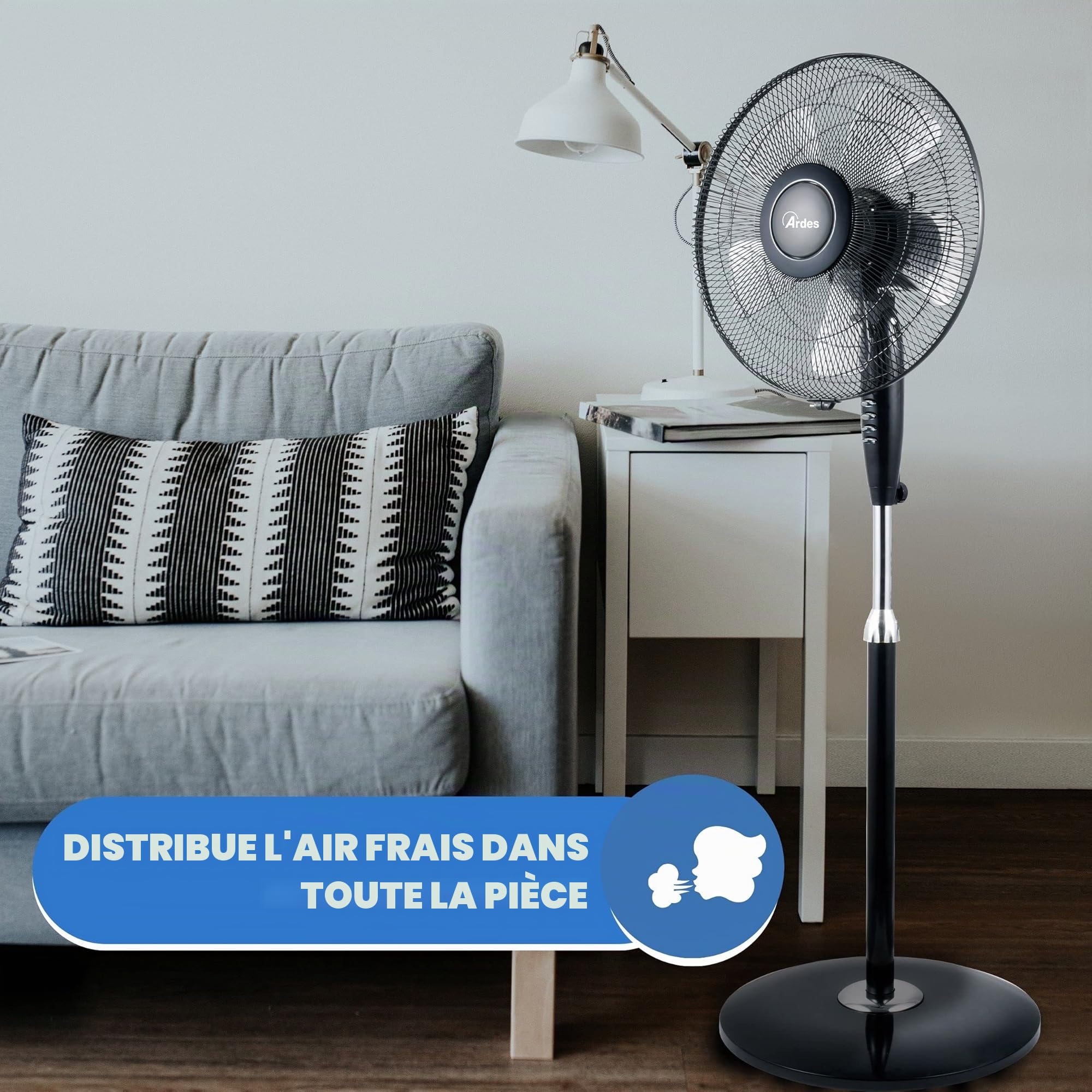 ARDES - AR5S41PB Ventilateur sur pied Puissant et silencieux, 5 pales 40 cm, Oscillant avec hauteur et inclinaison réglables Ventilateur sur pied Ardes 3 Vitesses