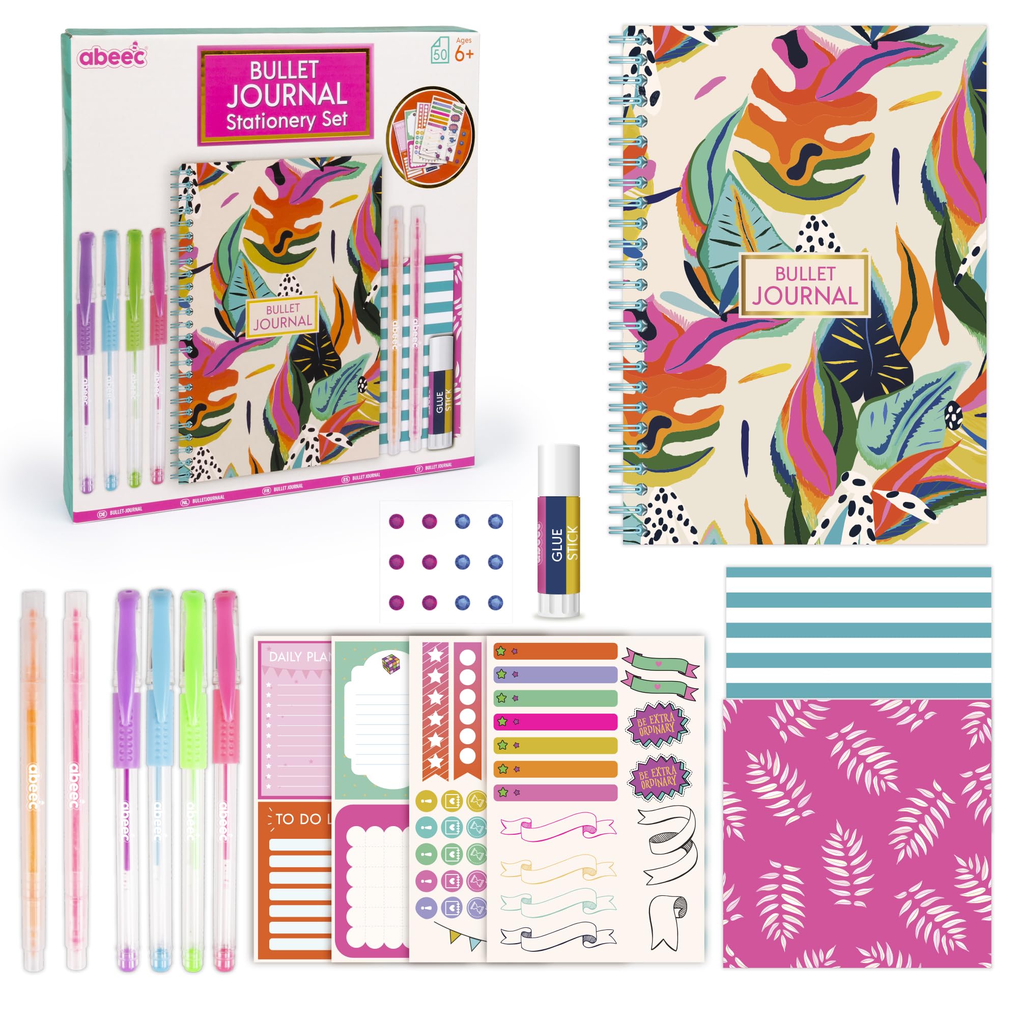 abeec Bullet Journal Stationery Set โ Creative Journaling Kit for Girls Ages 6+ โ 50-Page Notebook with Gel Pens, Highlighters, Stickers and Accessories โ Mindful Scrapbook and Study Gift for Teens