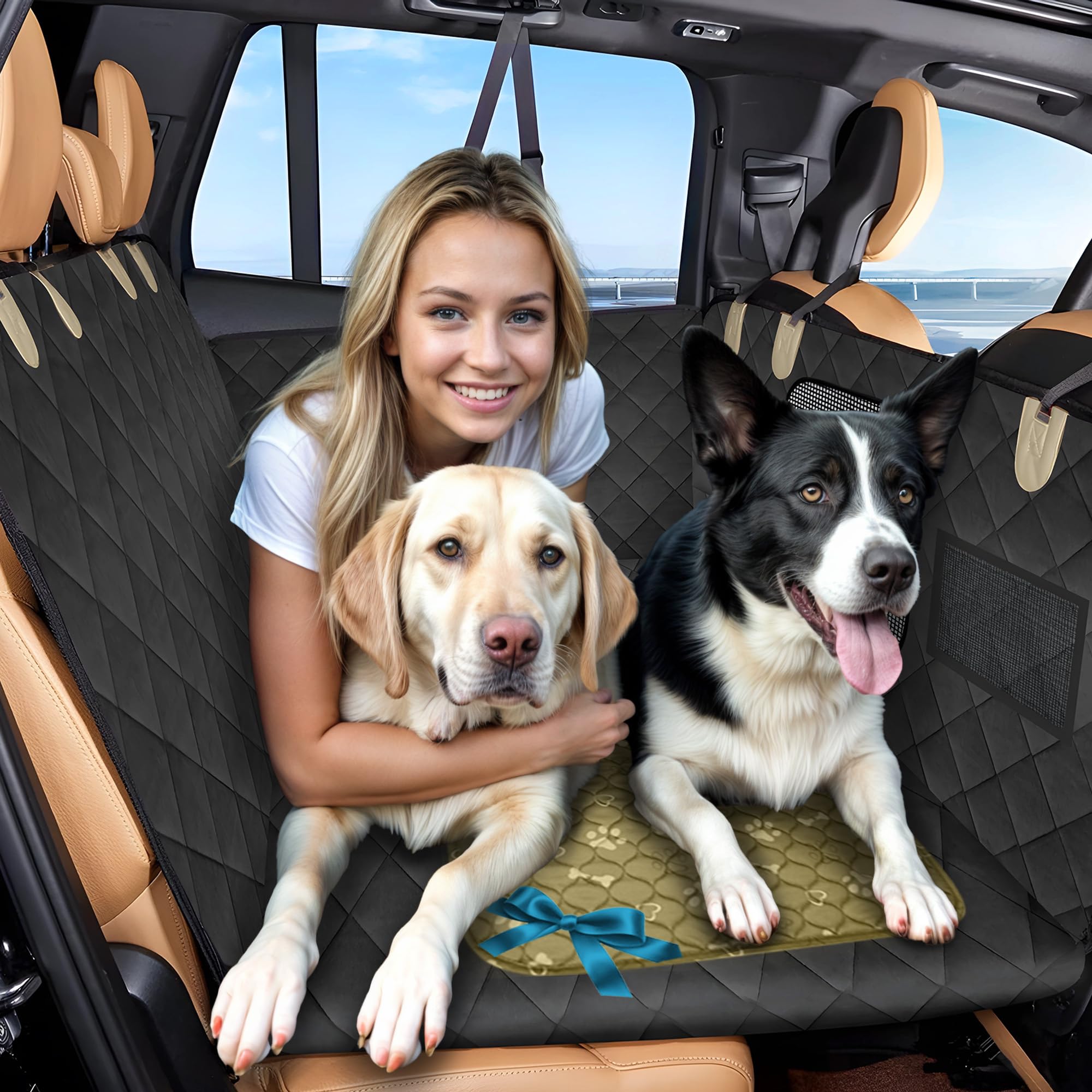 Waterproof Dog Car Seat Cover for Back Seat with Hard Bottom Inserts - Dog Hammock for Car, SUV, and Trucks - Pet Car Seat Covers - Backseat Extender for Dogs with 2 Storage Pockets, Mesh Window, 600D