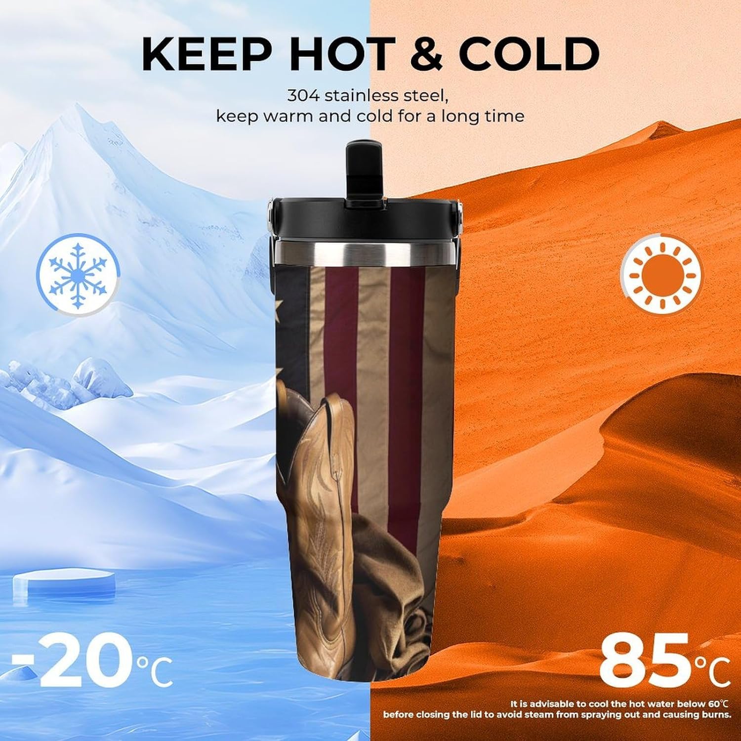 30oz Insulated Tumblers with Top Handle, Stainless Steel American Flag with Cowboy Boots Car Cup with Straw for Gift, Leak-Proof Double Wall Vacuum Travel Mug, Personalized Water Bottles Black